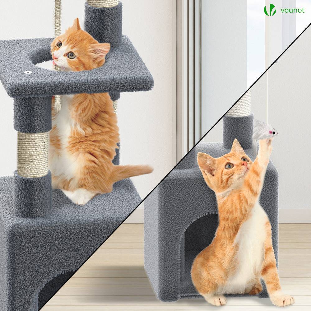 Arbre à chat 88cm avec corde, griffoir, niche et plateforme - Gris - Arbre à grimper pour chats - VOUNOT® - Image 5