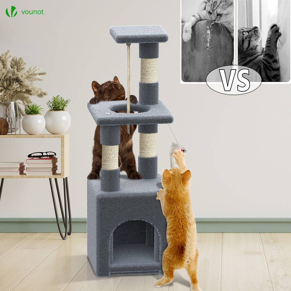 Arbre à chat 88cm avec corde, griffoir, niche et plateforme - Gris - Arbre à grimper pour chats - VOUNOT® - Image 7