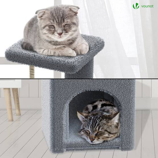 Arbre à chat 88cm avec corde, griffoir, niche et plateforme - Gris - Arbre à grimper pour chats - VOUNOT® - Image 4