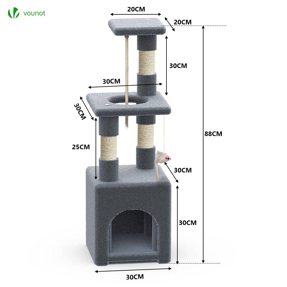 Arbre à chat 88cm avec corde, griffoir, niche et plateforme - Gris - Arbre à grimper pour chats - VOUNOT® - Image 3