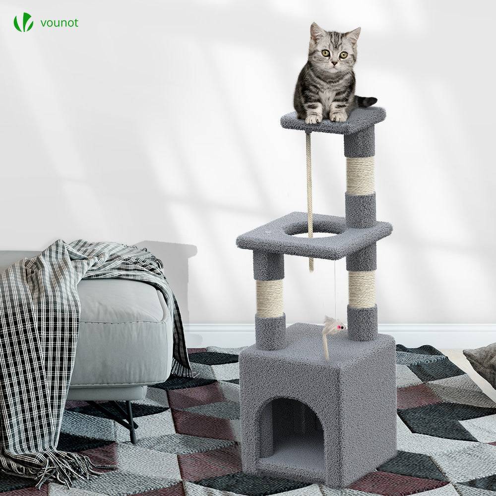 Arbre à chat 88cm avec corde, griffoir, niche et plateforme - Gris - Arbre à grimper pour chats - VOUNOT® - Image 2