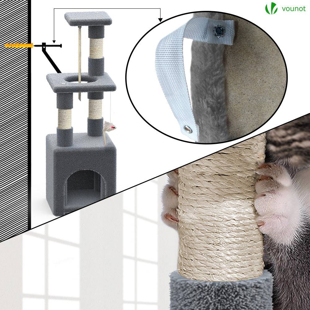 Arbre à chat 88cm avec corde, griffoir, niche et plateforme - Gris - Arbre à grimper pour chats - VOUNOT® - Image 6