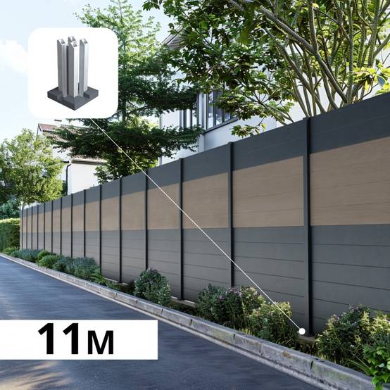 Kit Clôture Aluminium BAHIA & CRUZ Argent 11,03x1,8m - Bois Composite & Aluminium - Poteaux Gris - Brise Vue - Palissade - Image 1