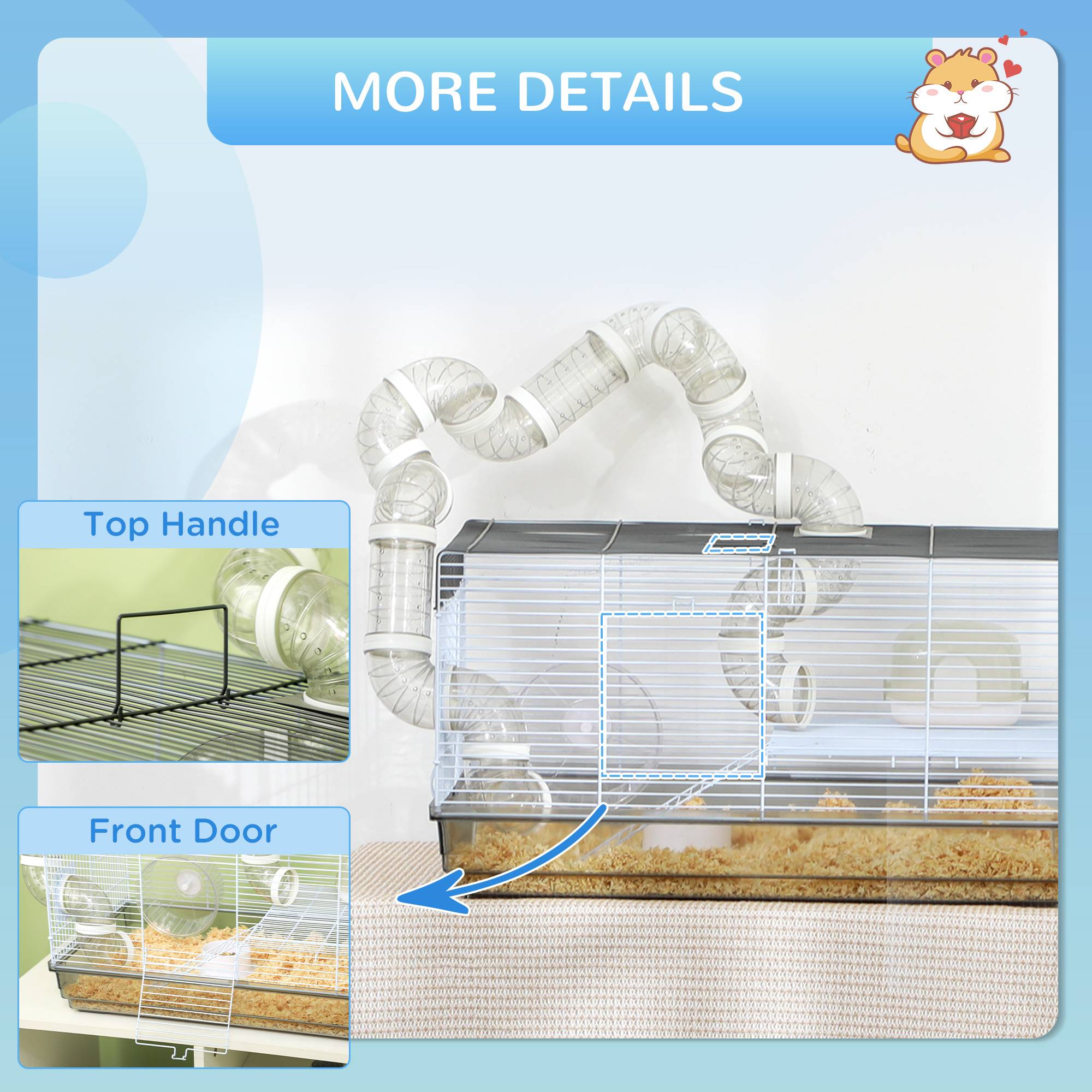 Pawhut - Cage rongeur hamster - tunnel, poignée, accessoires - plastique acier gris blanc - Imagen 4