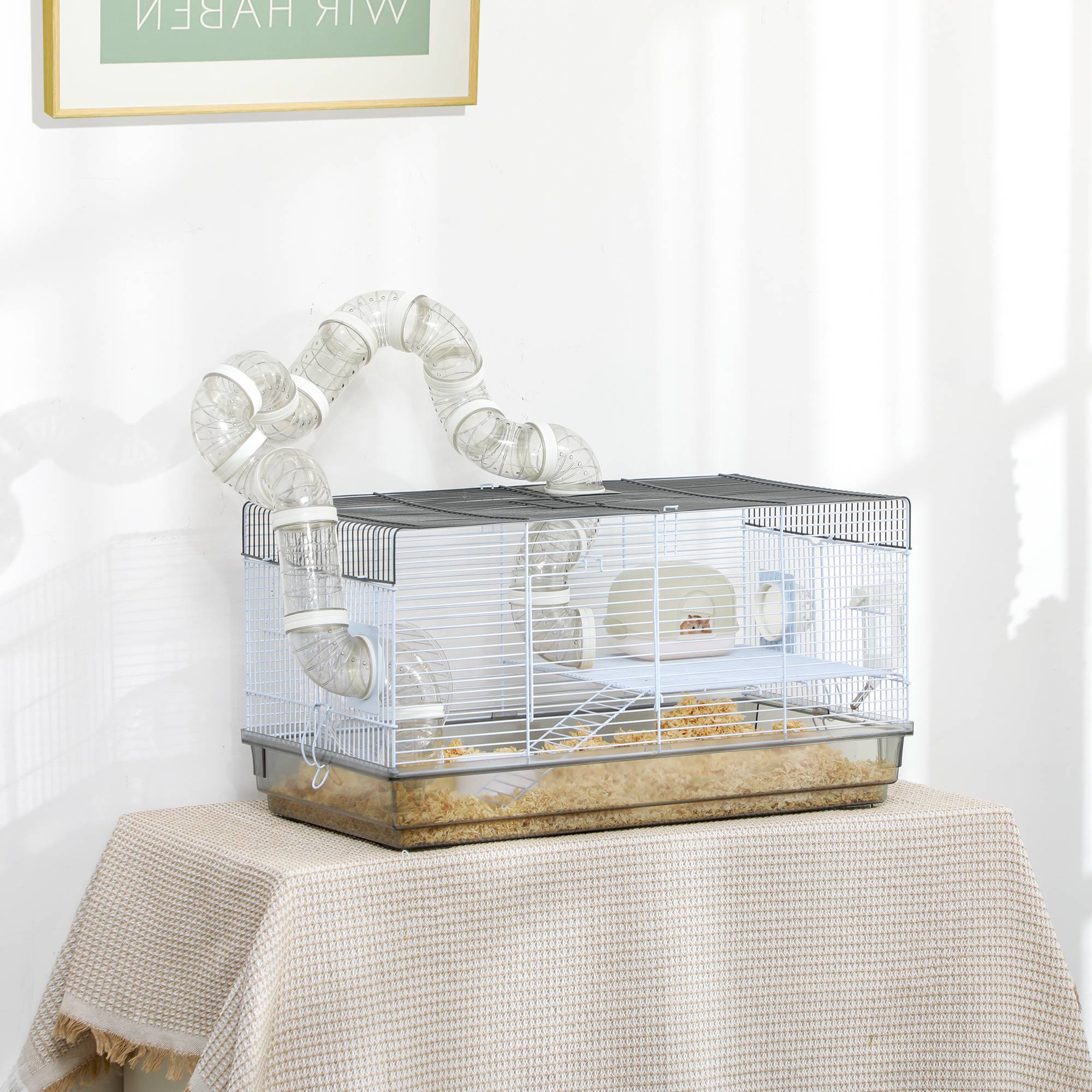 Pawhut - Cage rongeur hamster - tunnel, poignée, accessoires - plastique acier gris blanc - Imagen 2