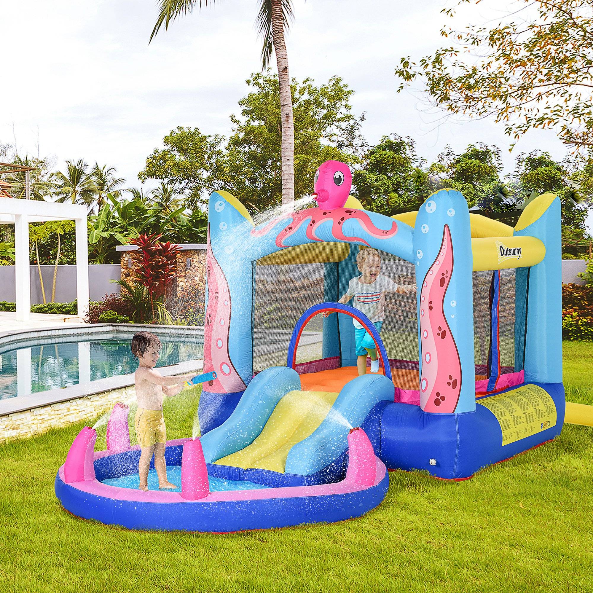 Château gonflable multicolore toboggan trampoline piscine gonfleur et sac de transport 360 × 175 × 180 cm enfants - Image 4
