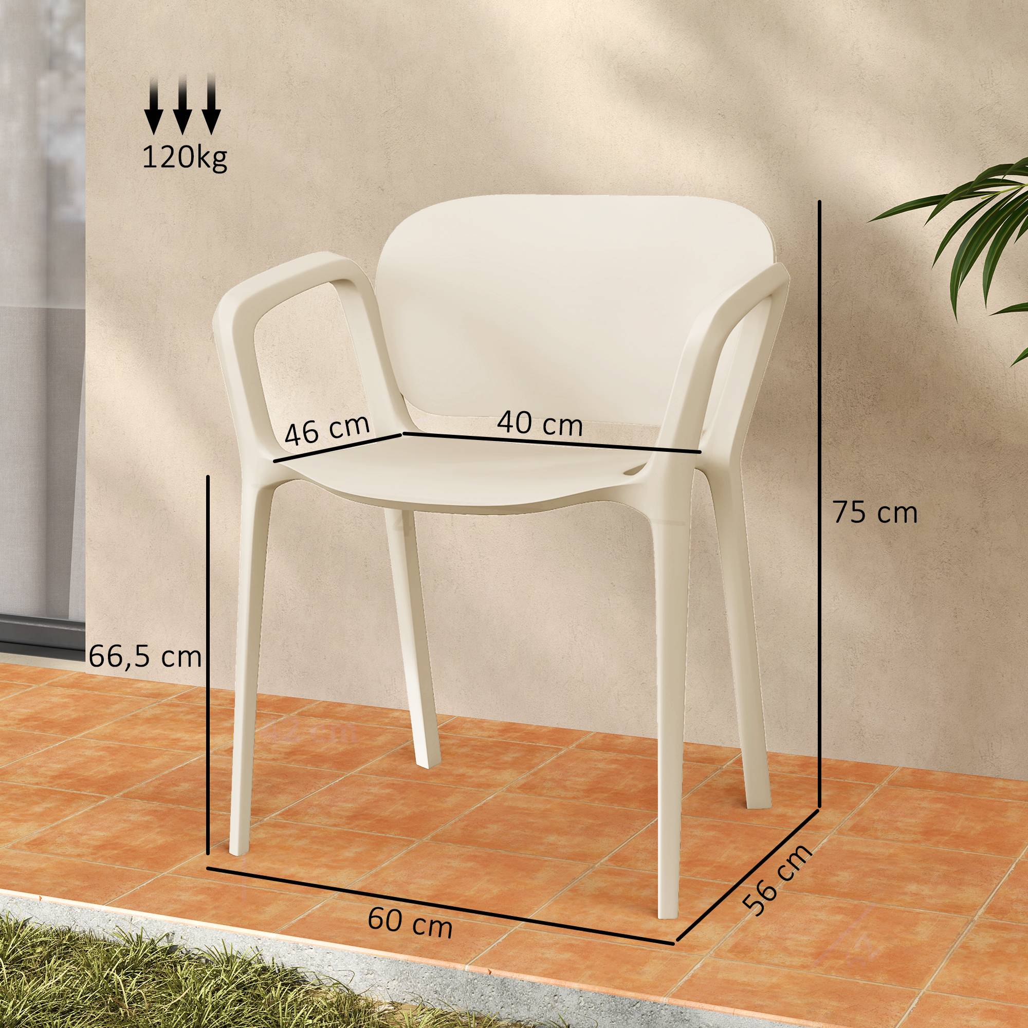 Lot de 4 chaises de jardin en plastique empilables, accoudoirs et dossier, capacité 120 kg, résistantes aux intempéries - Image 3
