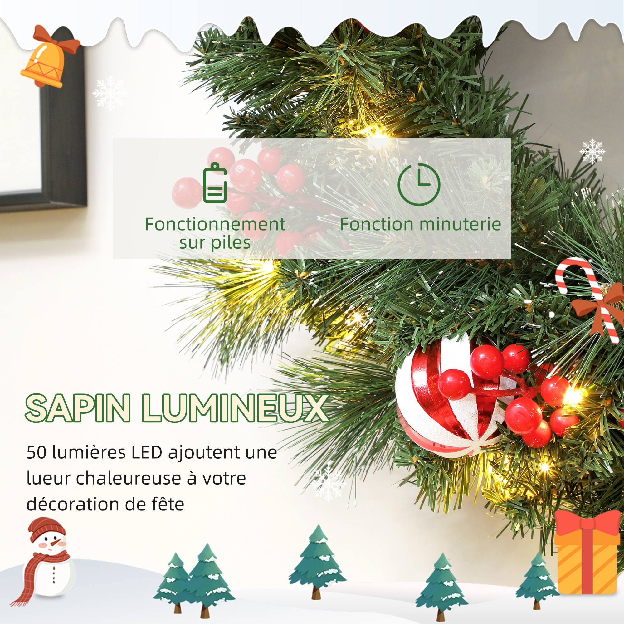 ComfortXL - Couronne de Noël lumineuse à feuillage vert en plastique Ø 60 cm pour porte avec 50 LED et minuterie - Image 5
