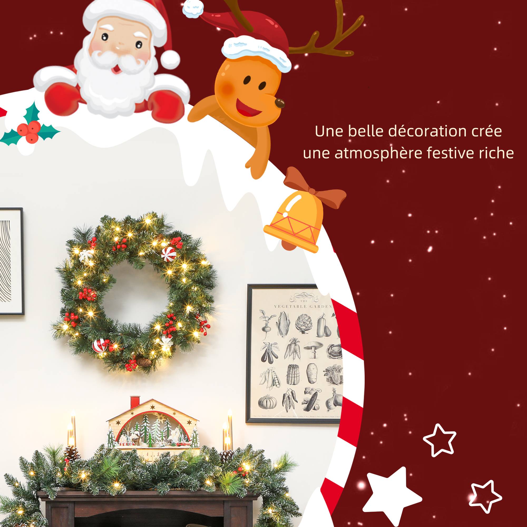 ComfortXL - Couronne de Noël lumineuse à feuillage vert en plastique Ø 60 cm pour porte avec 50 LED et minuterie - Image 4