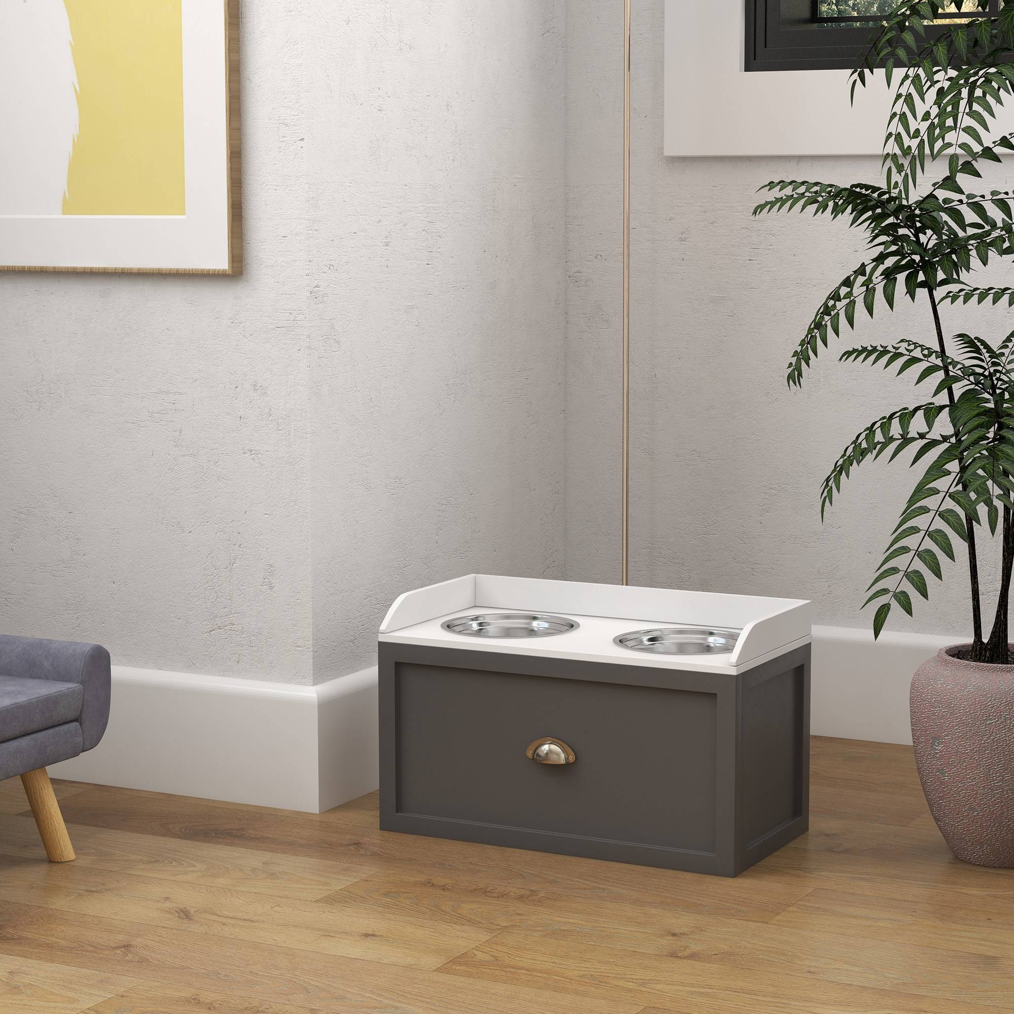 ComfortXL - Station repas chien surélevée MDF gris 60 x 30 x 36 cm 2 gamelles inox tiroir 21 L pour grands chiens - Image 9