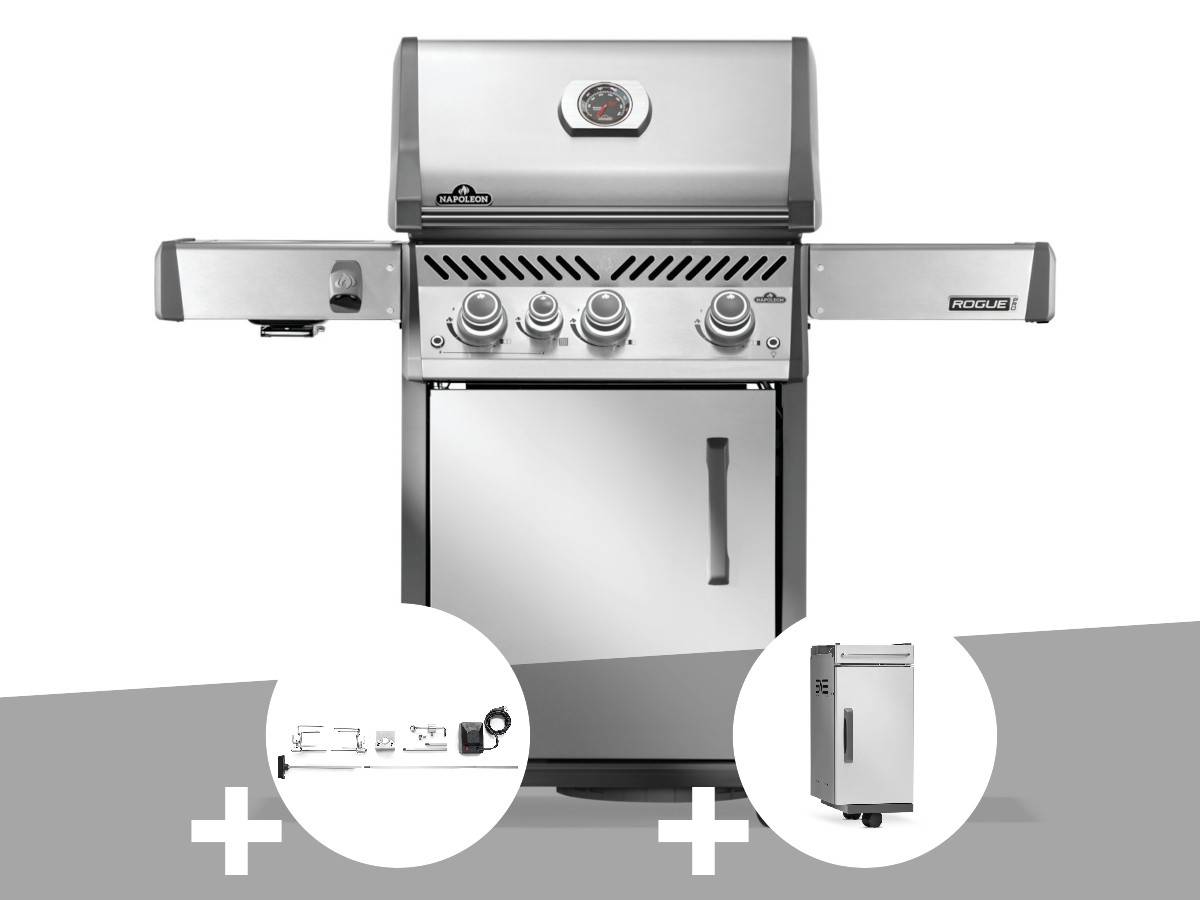 Napoleon - Barbecue à gaz Rogue PRO inox 3 brûleurs + 1 sizzle zone + Rôtissoire + Meuble rangement sous tablette - Napoléon - Image 1