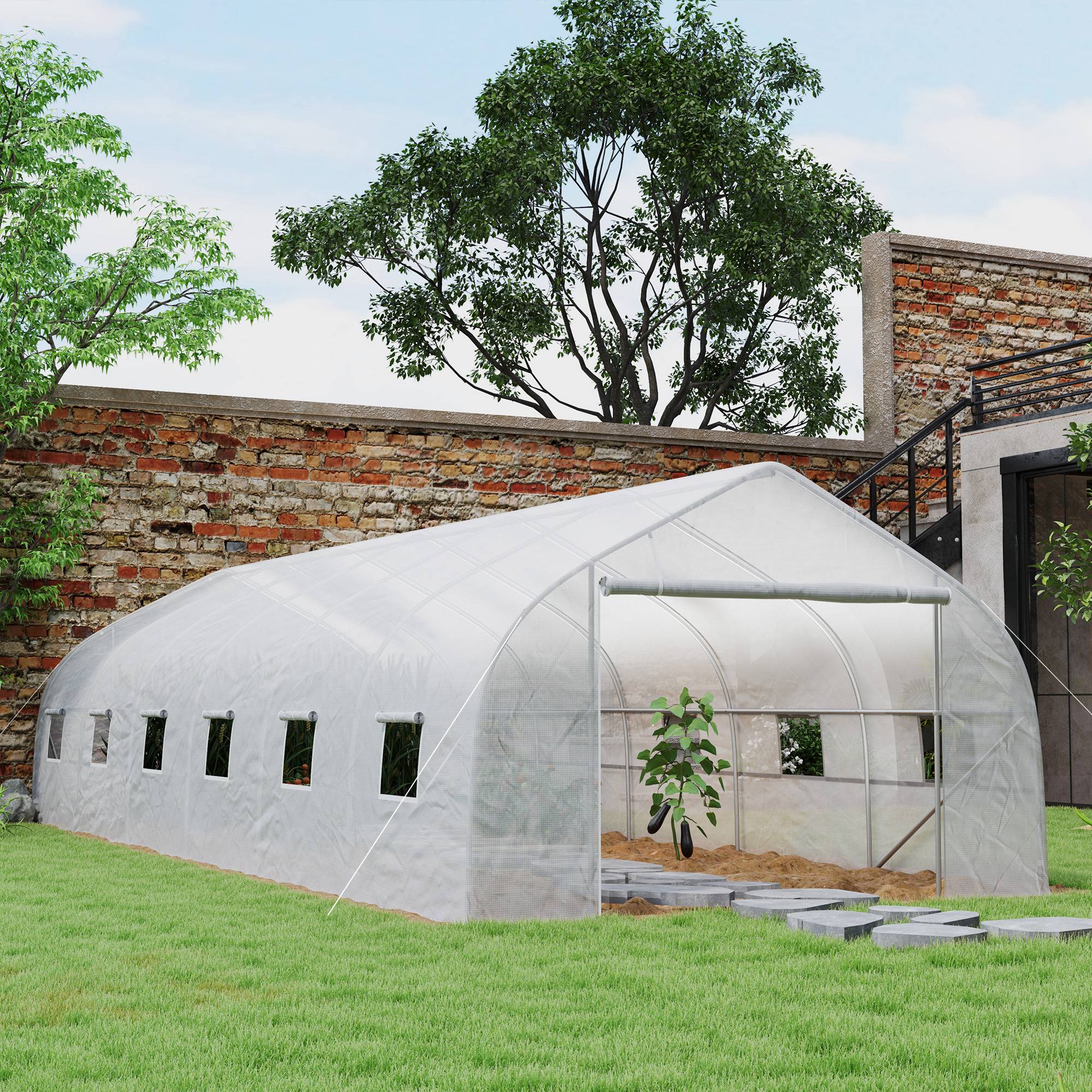 ComfortXL - Grande serre tunnel de jardin 24 m² en PE blanc et acier galvanisé 800 x 300 x 200 cm avec 12 fenêtres de ventilation