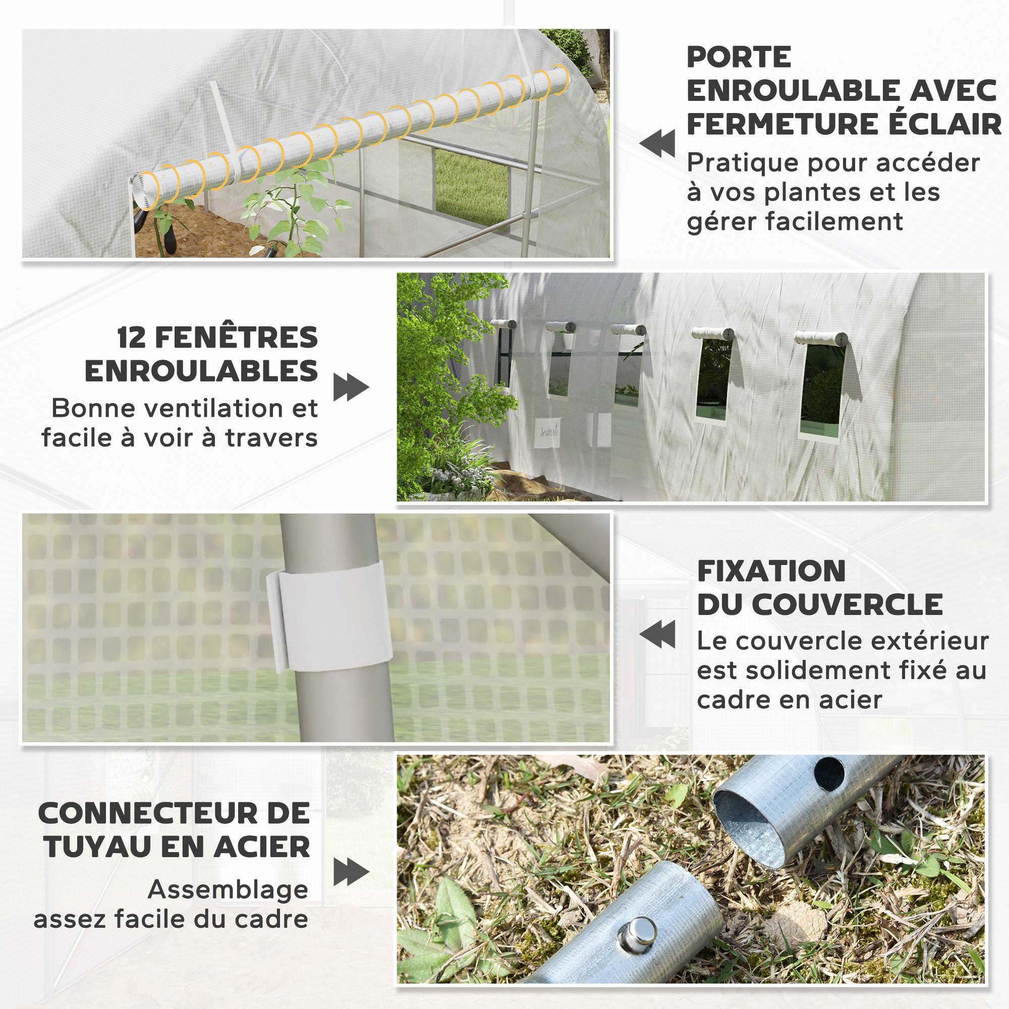 ComfortXL - Grande serre tunnel de jardin 24 m² en PE blanc et acier galvanisé 800 x 300 x 200 cm avec 12 fenêtres de ventilation - Image 5