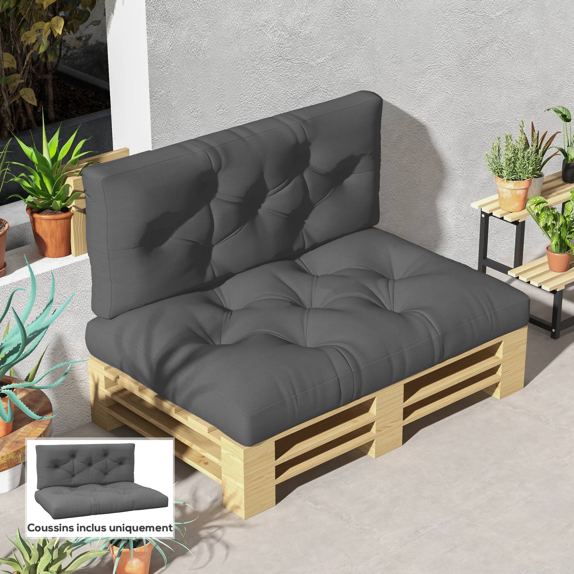 Ensemble de 2 coussins pour canapé palette 2 places dim. 120L x 80l x 12H cm Polyester gris - Image 3