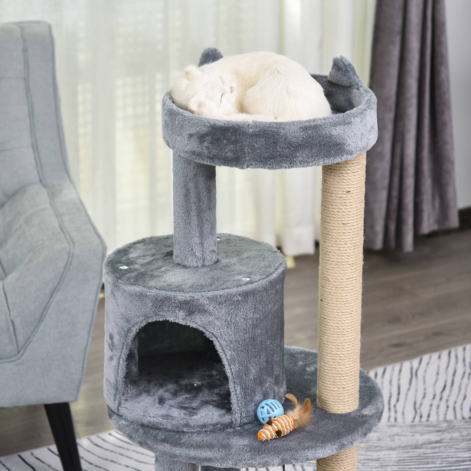 Sans Marque - Arbre à chat PawHut 104 cm avec grotte balles de jeu griffoir poteaux sisal chats jusqu’à 4,5 kg gris - Image 9