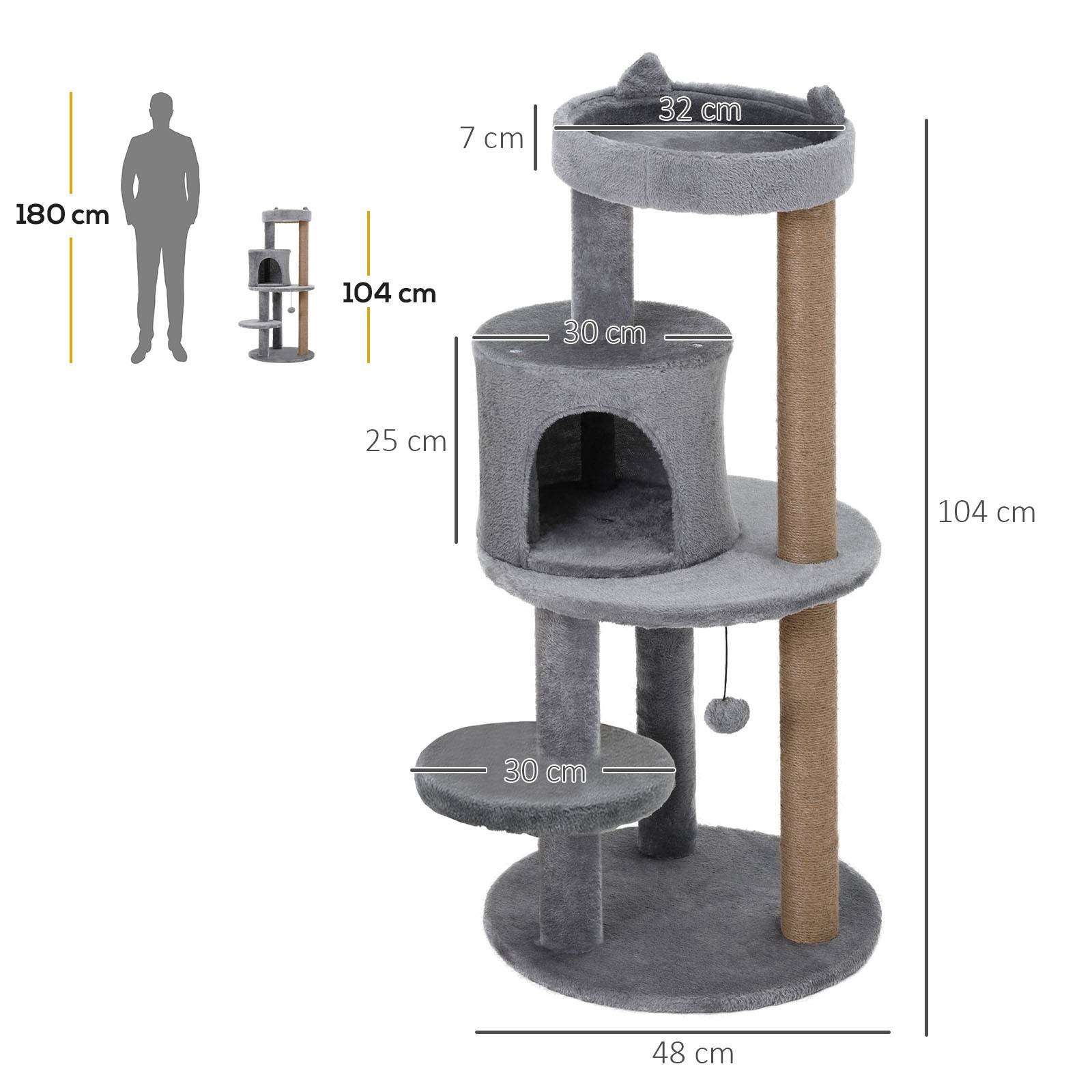 Sans Marque - Arbre à chat PawHut 104 cm avec grotte balles de jeu griffoir poteaux sisal chats jusqu’à 4,5 kg gris - Image 4