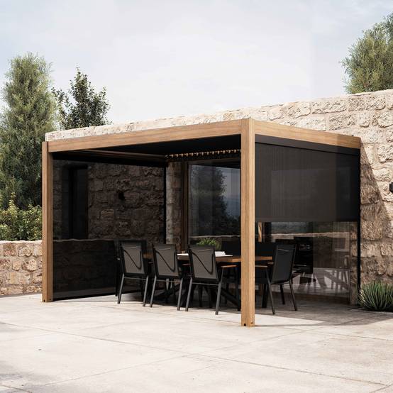 Oviala - Pergola bioclimatique adossée et motorisée éclairée 3x4m et 2 stores Thebes - Oviala - Image 1
