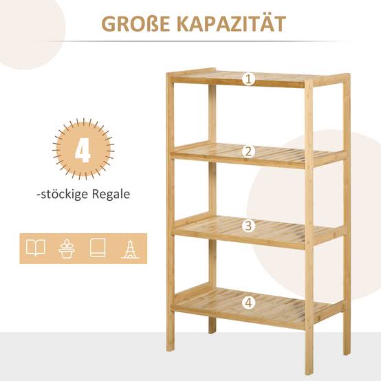 Étagère autoportante en bambou 4 niveaux 62x33x112 cm, bibliothèque et rangement bureau cuisine salle de bain, naturel - Image 6