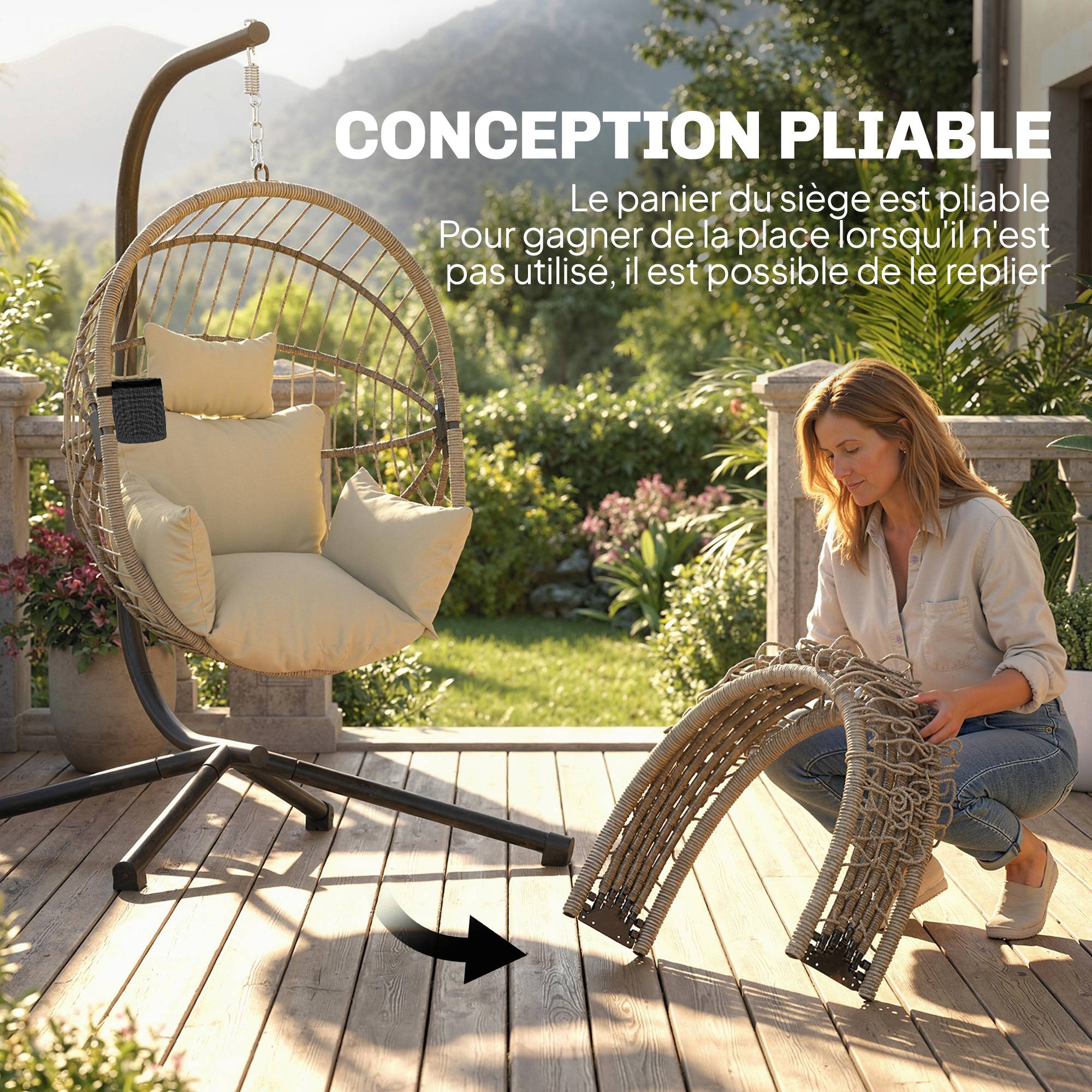 Fauteuil œuf suspendu acier véranda jardin panier pliable coussin 115x106x188cm kaki - ComfortXL Outdoor Living - Image 7