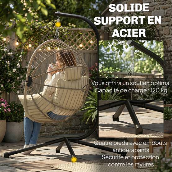 Fauteuil œuf suspendu acier véranda jardin panier pliable coussin 115x106x188cm kaki - ComfortXL Outdoor Living - Image 6
