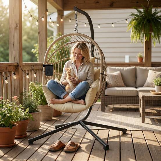 Fauteuil œuf suspendu acier véranda jardin panier pliable coussin 115x106x188cm kaki - ComfortXL Outdoor Living - Image 4