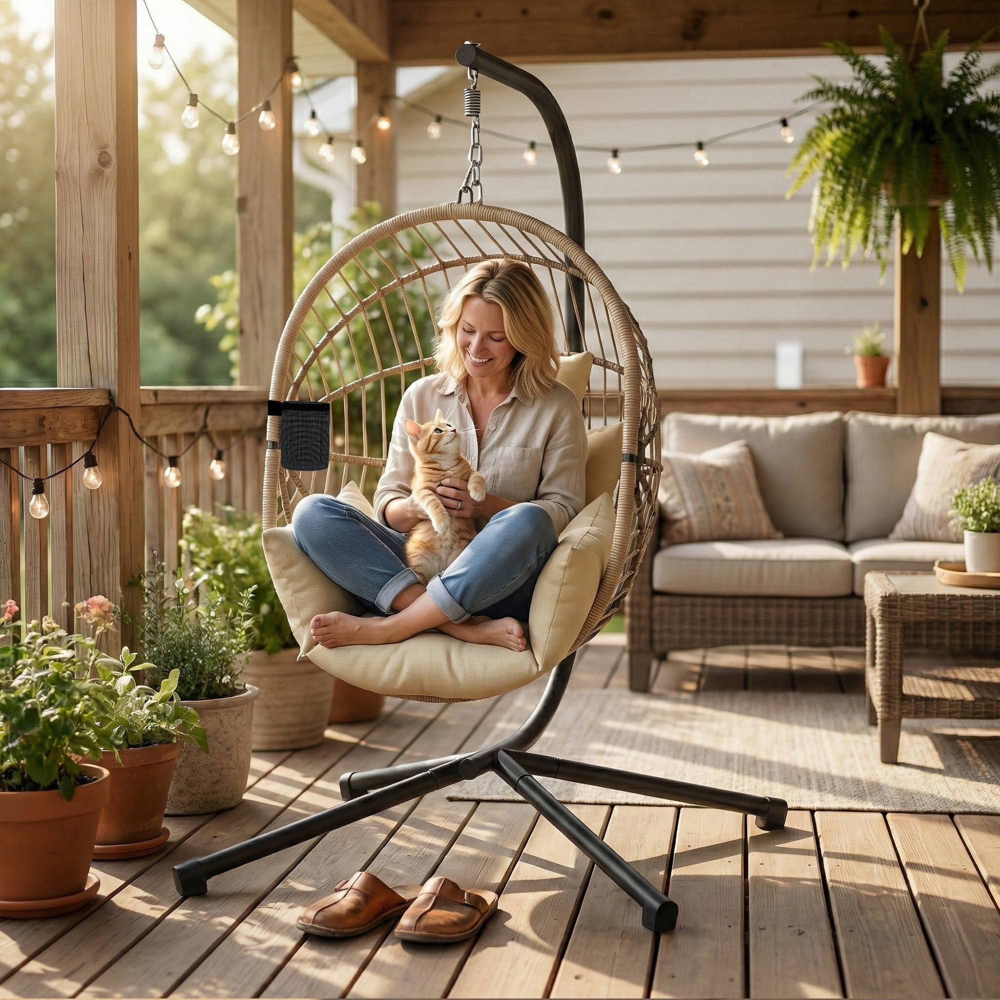 Fauteuil œuf suspendu acier véranda jardin panier pliable coussin 115x106x188cm kaki - ComfortXL Outdoor Living - Image 4