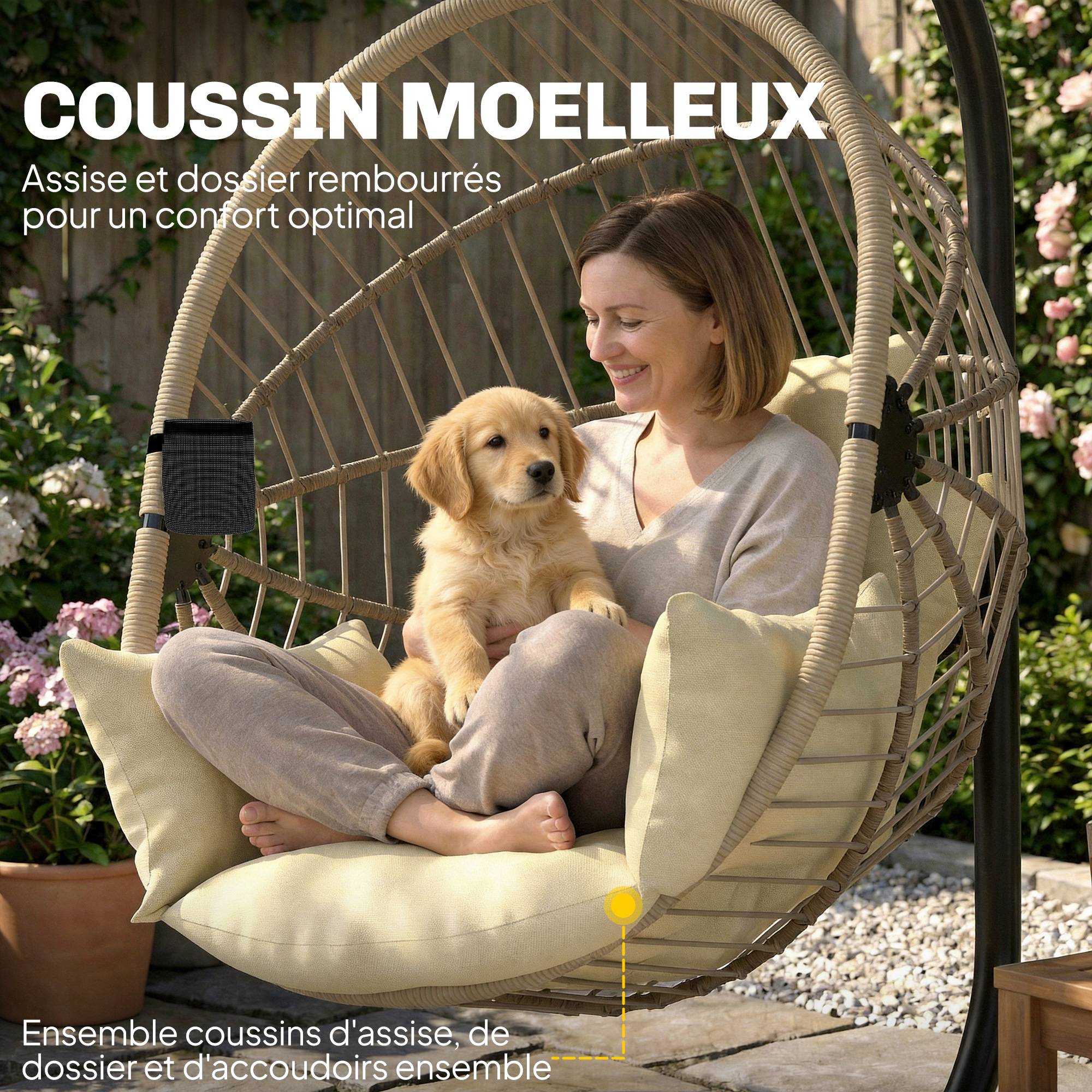 Fauteuil œuf suspendu acier véranda jardin panier pliable coussin 115x106x188cm kaki - ComfortXL Outdoor Living - Image 8