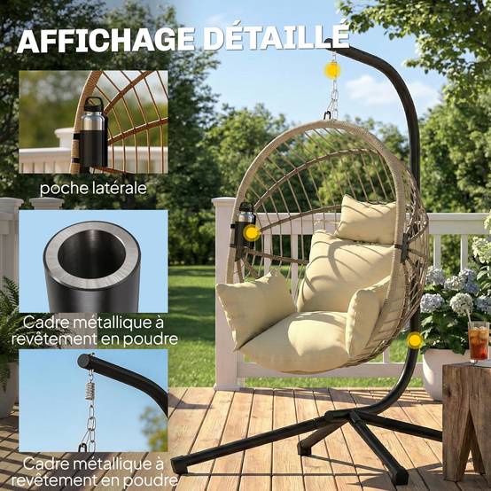Fauteuil œuf suspendu acier véranda jardin panier pliable coussin 115x106x188cm kaki - ComfortXL Outdoor Living - Image 9