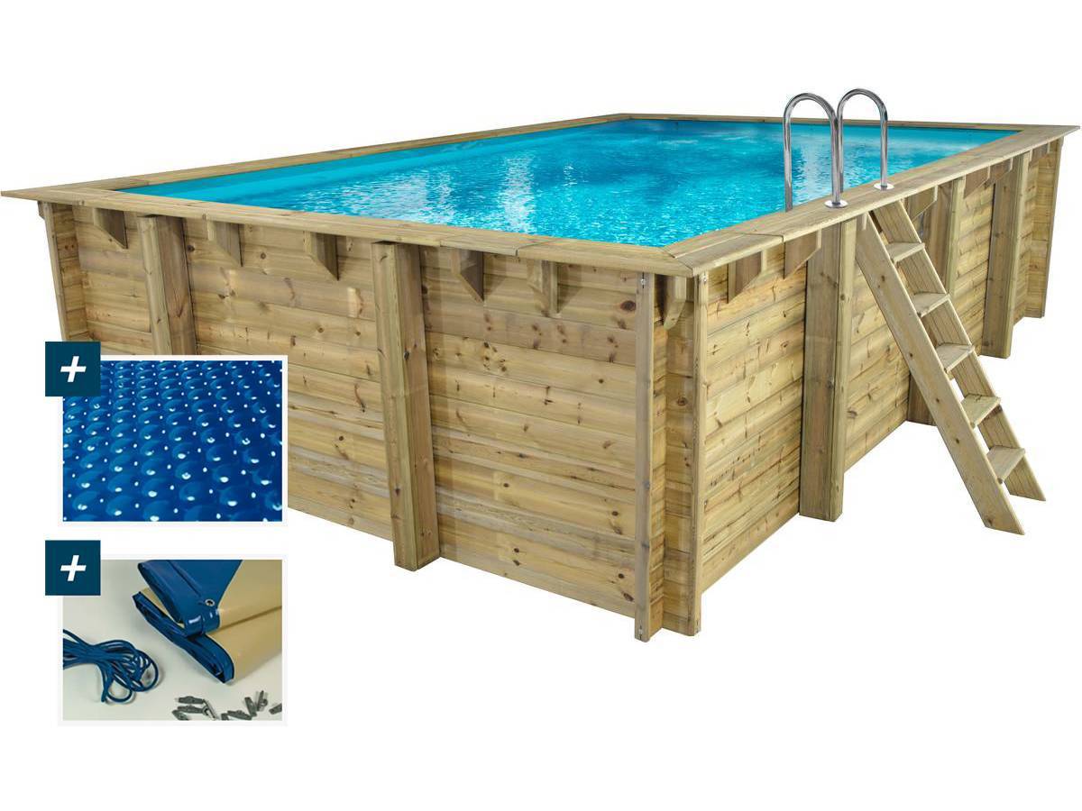Habitat Et Jardin - Piscine Bois Rectangle " Panama 130 "- 6.20 X 4.10 X 1.30 M + Bâche à Bulles 180 µ - Bâche Hiver 280 G/m² + -habitat Et Jardin - Image 1