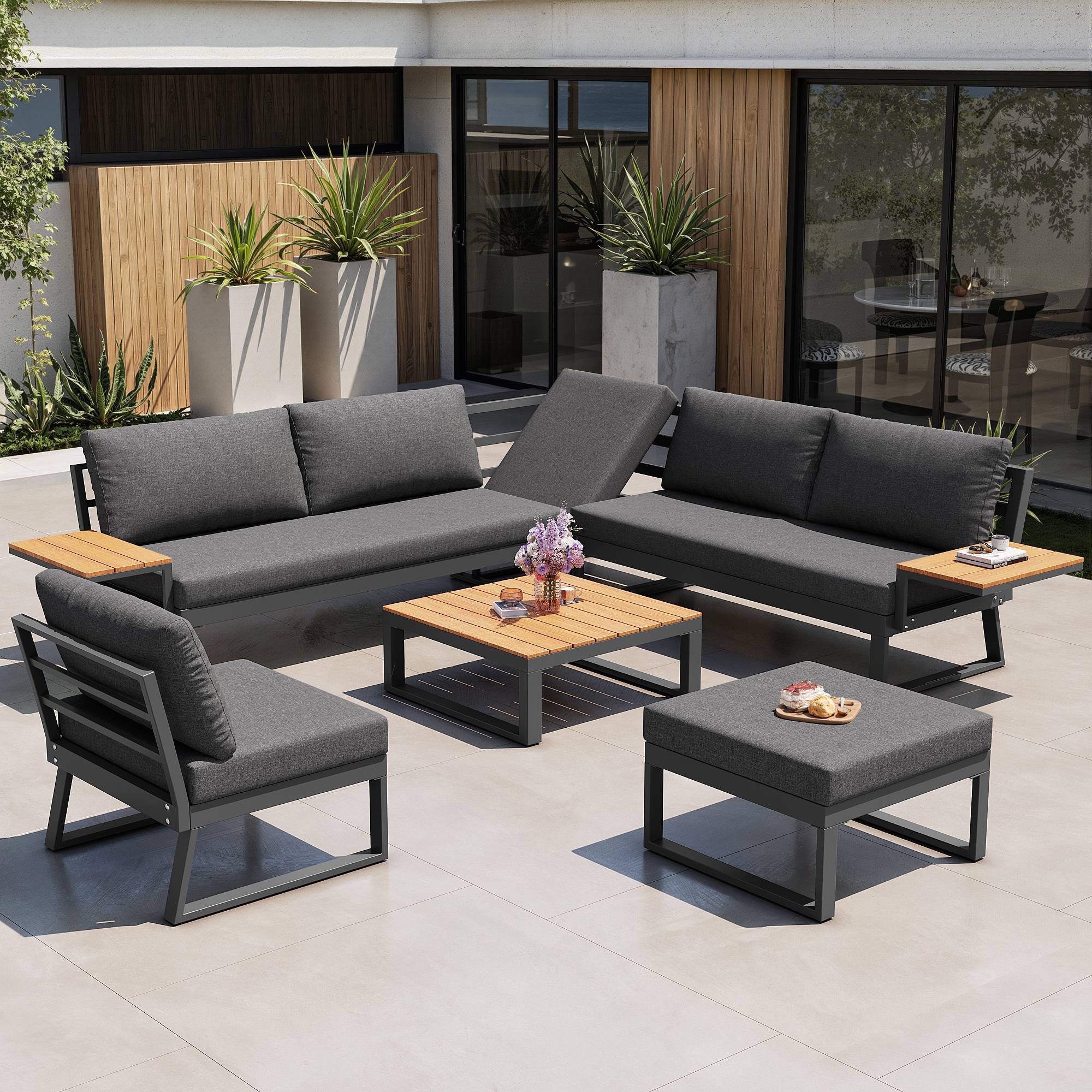 Canapé de jardin modulaire 7 places avec table en bois Acier Gris - PANGIVO - Image 7