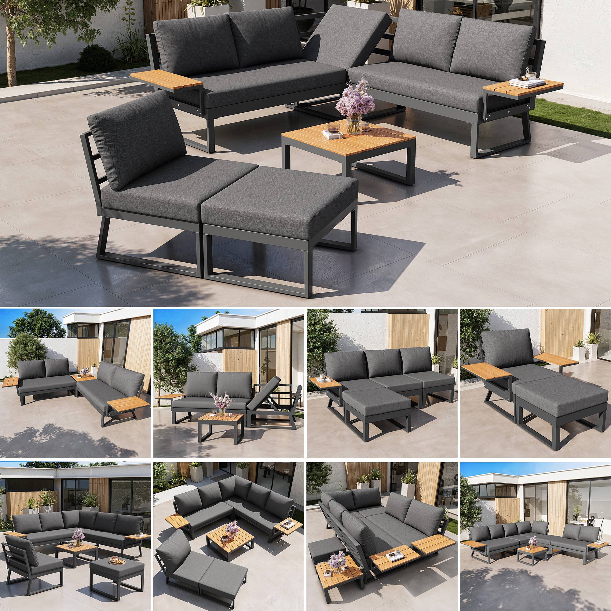 Canapé de jardin modulaire 7 places avec table en bois Acier Gris - PANGIVO - Image 2