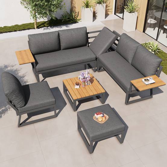 Canapé de jardin modulaire 7 places avec table en bois Acier Gris - PANGIVO - Image 1