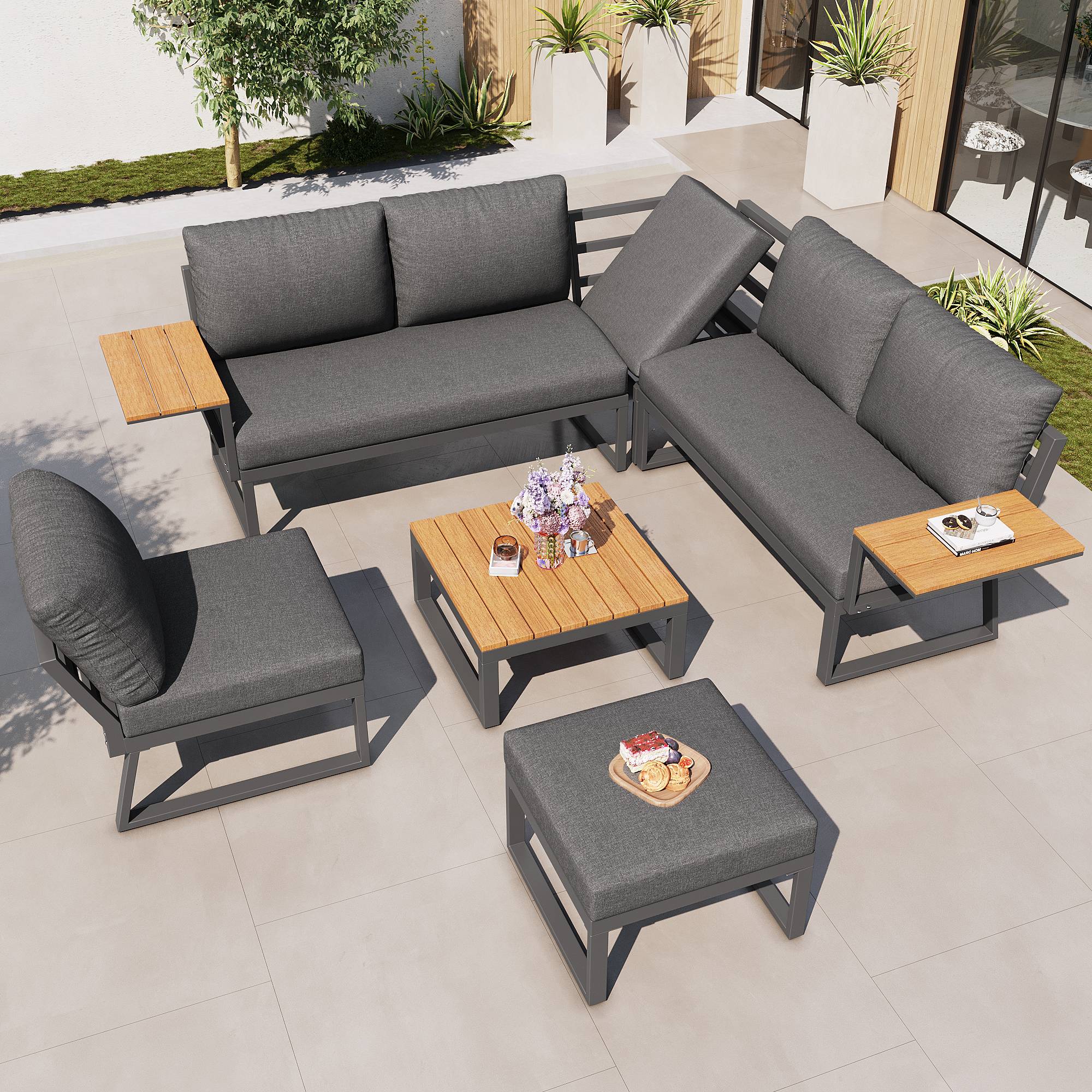 Canapé de jardin modulaire 7 places avec table en bois Acier Gris - PANGIVO - Image 1