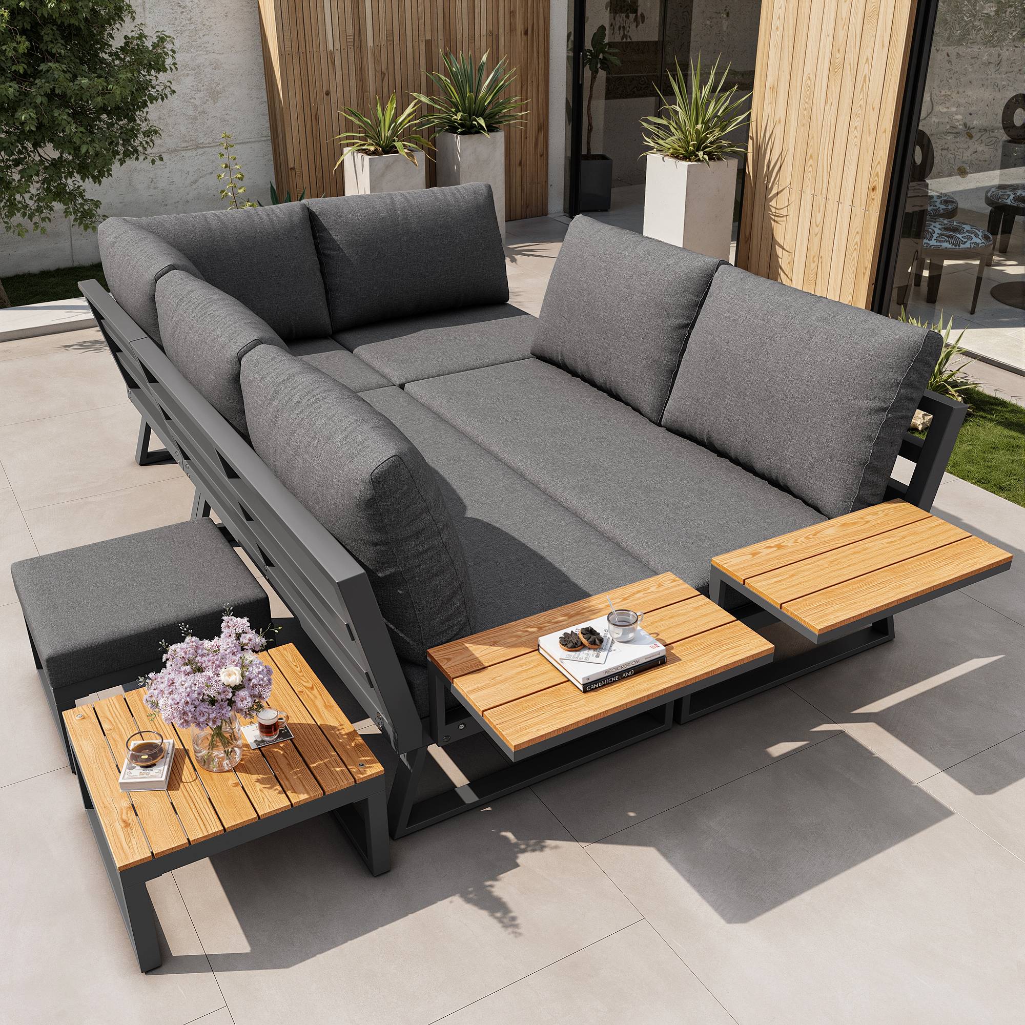 Canapé de jardin modulaire 7 places avec table en bois Acier Gris - PANGIVO - Image 5