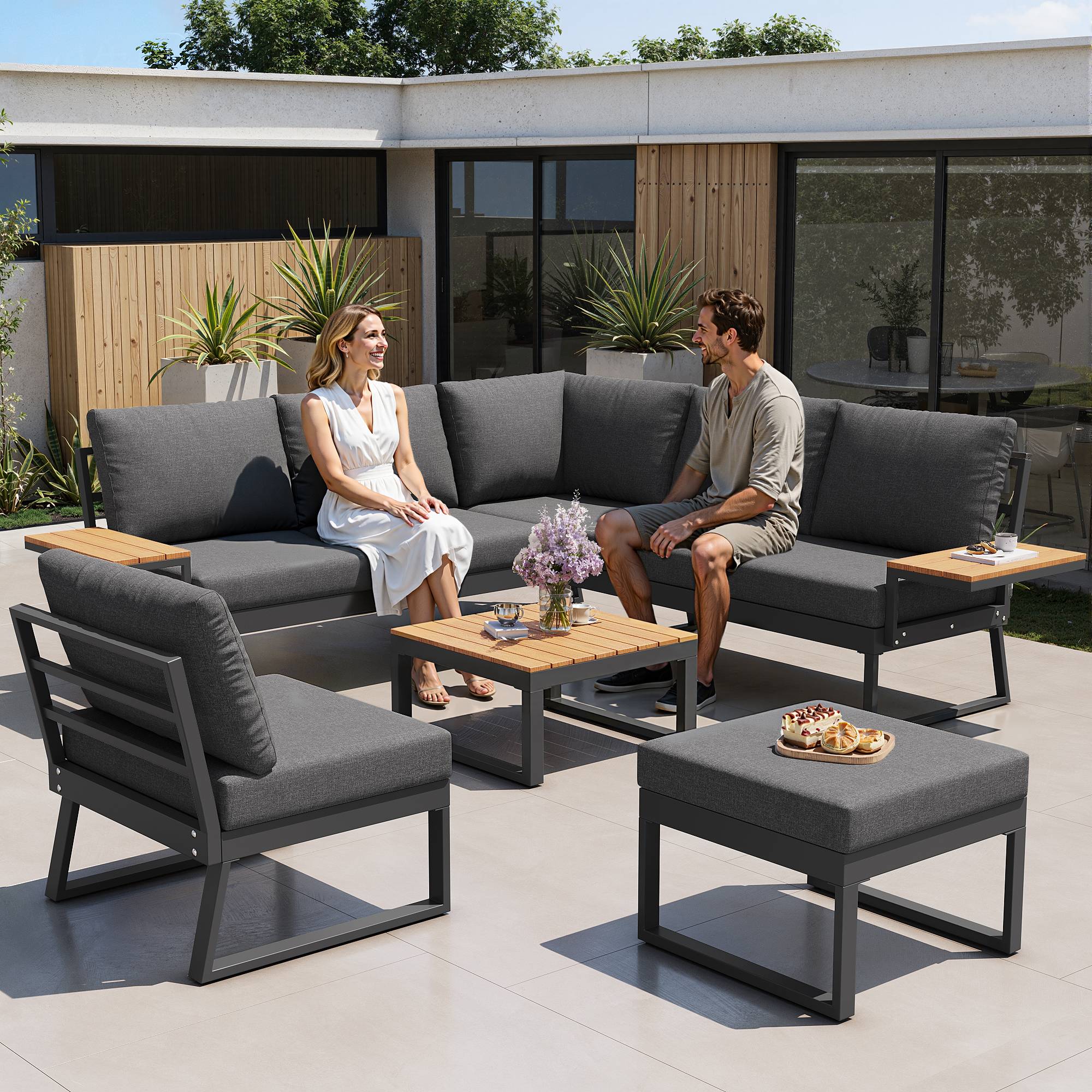Canapé de jardin modulaire 7 places avec table en bois Acier Gris - PANGIVO - Image 3