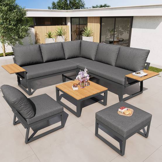 Canapé de jardin modulaire 7 places avec table en bois Acier Gris - PANGIVO - Image 10