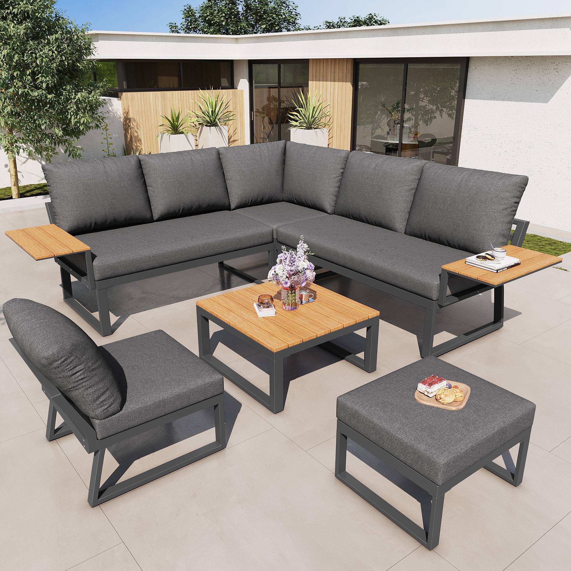 Canapé de jardin modulaire 7 places avec table en bois Acier Gris - PANGIVO - Image 10