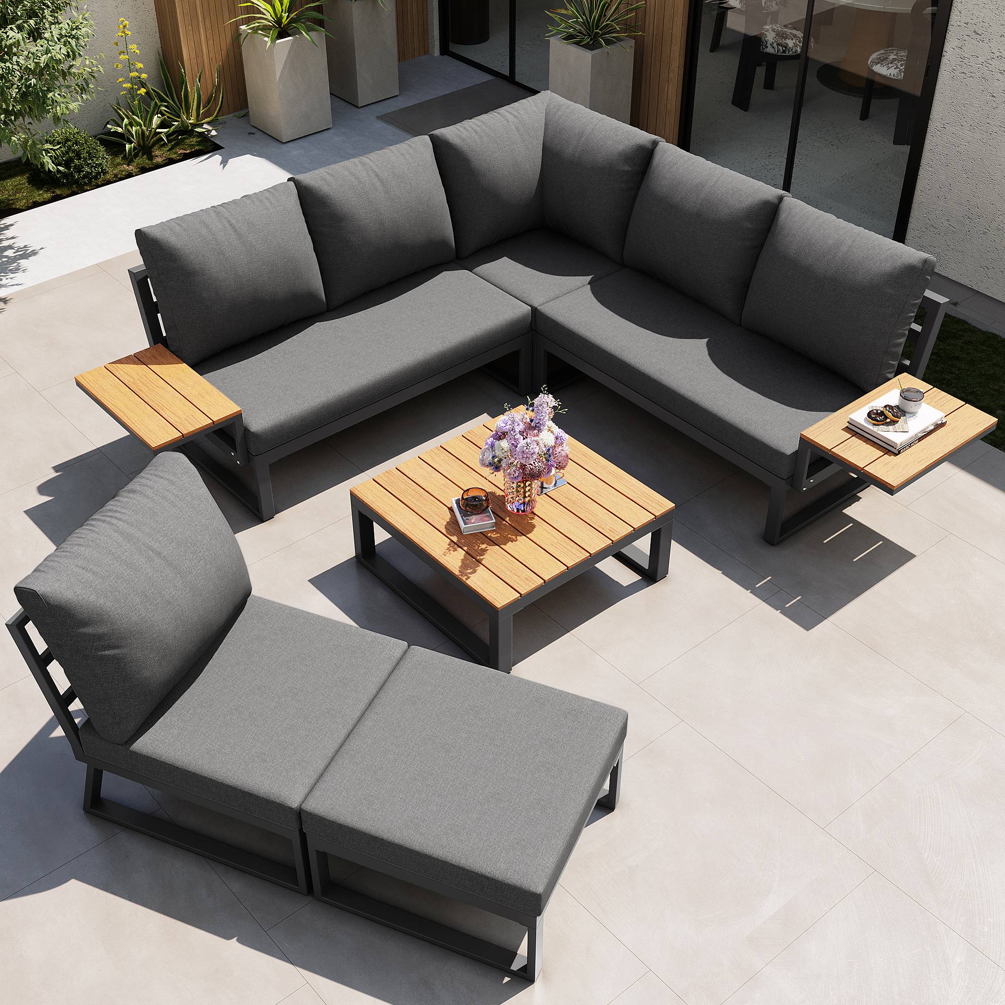 Canapé de jardin modulaire 7 places avec table en bois Acier Gris - PANGIVO - Image 4