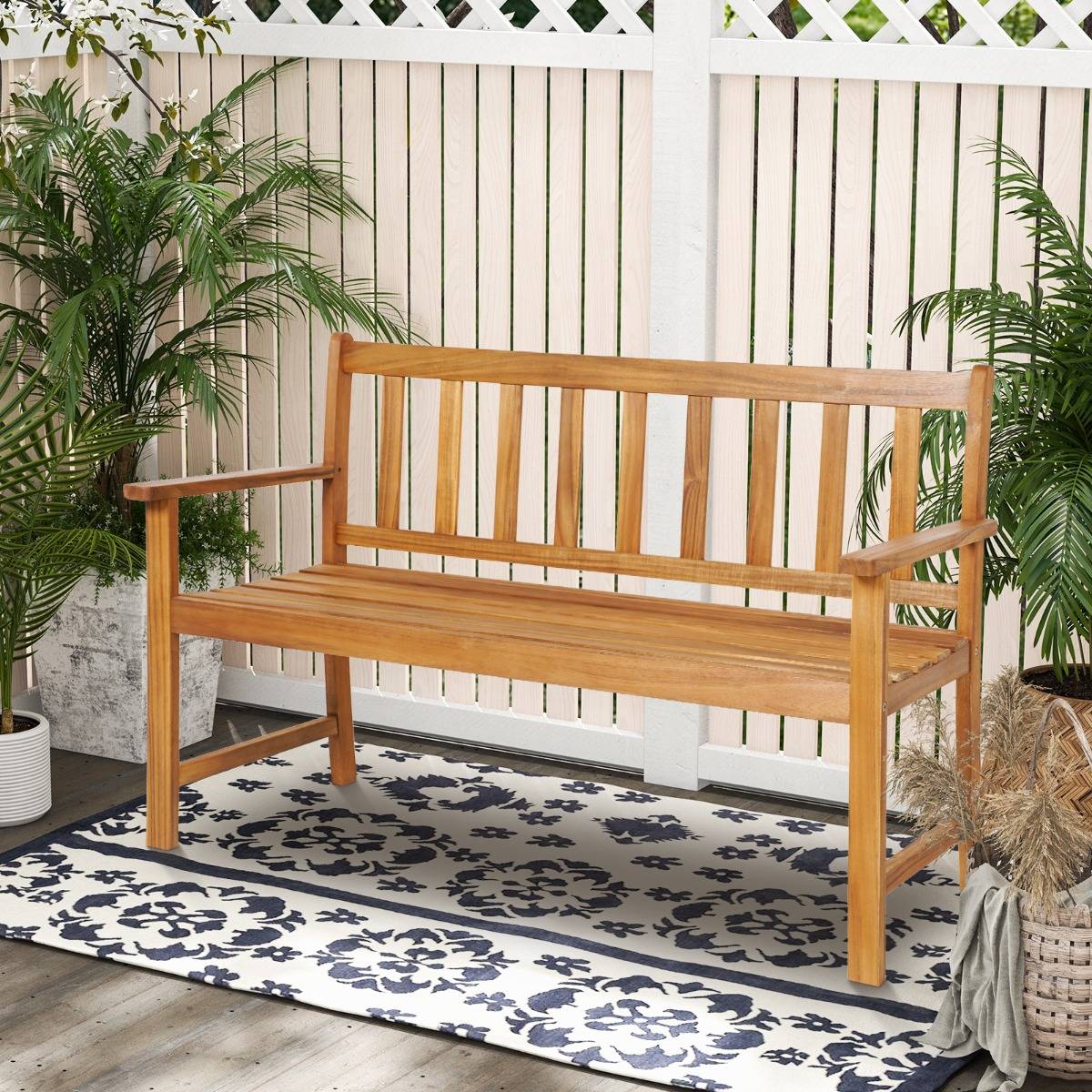 FANTASK Banc De Jardin 2 Places En Bois D'Acacia - Résistant Aux Intempéries, Charge 360 Kg, Naturel 122 X 56,5 X 86 Cm