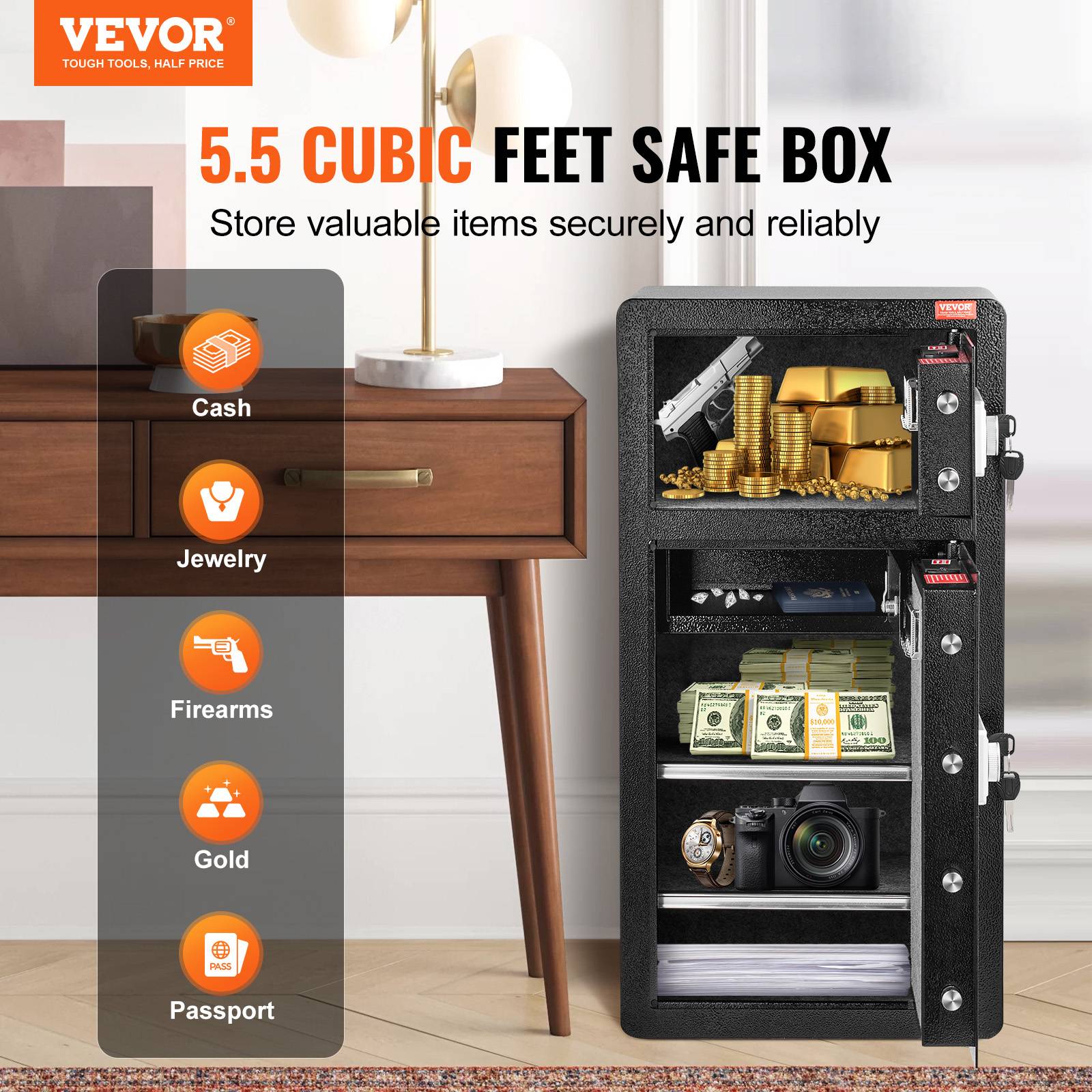 VEVOR Coffre-fort double porte 156L, déverrouillage clé/mot de passe, sac ignifuge, LED. - Image 2