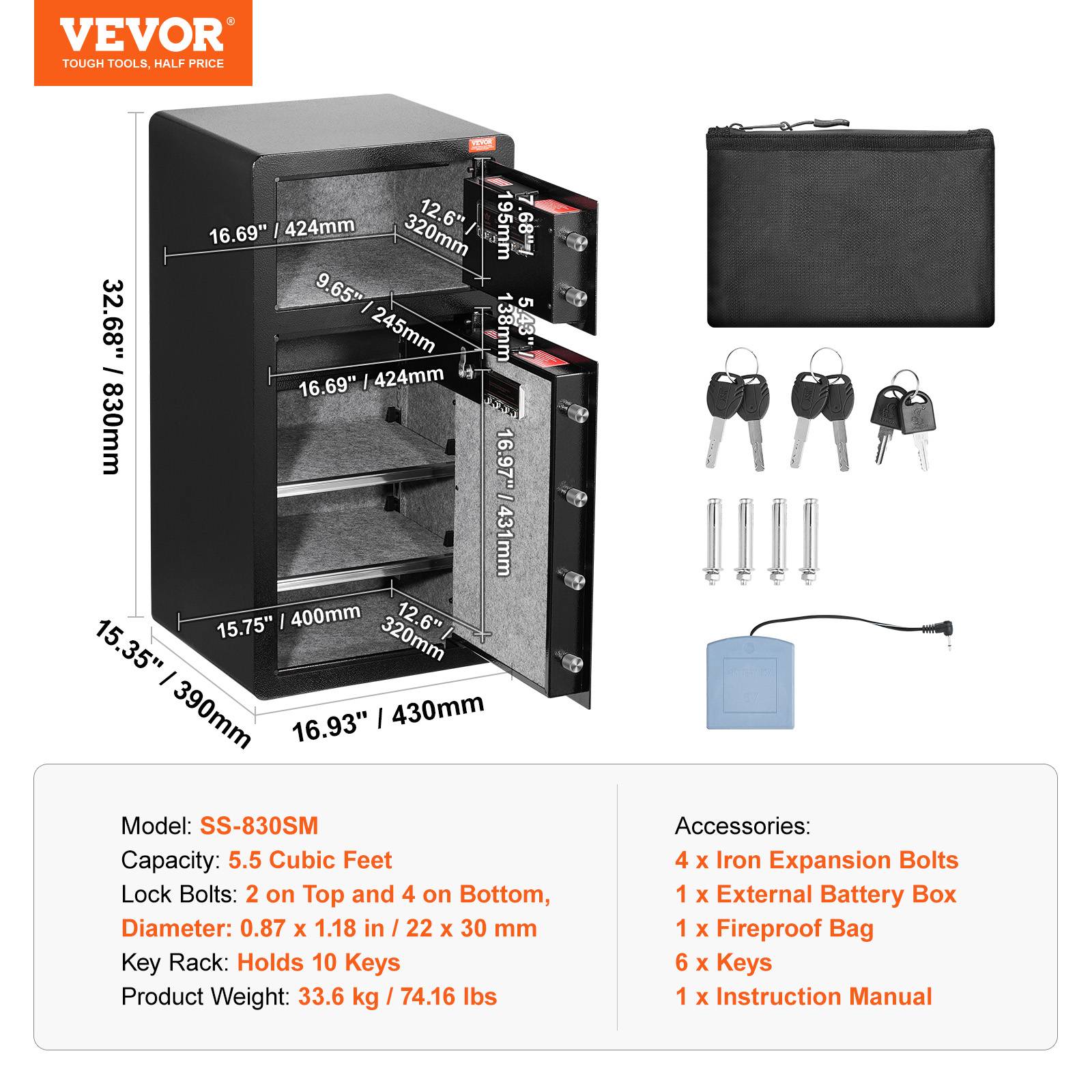 VEVOR Coffre-fort double porte 156L, déverrouillage clé/mot de passe, sac ignifuge, LED. - Image 7