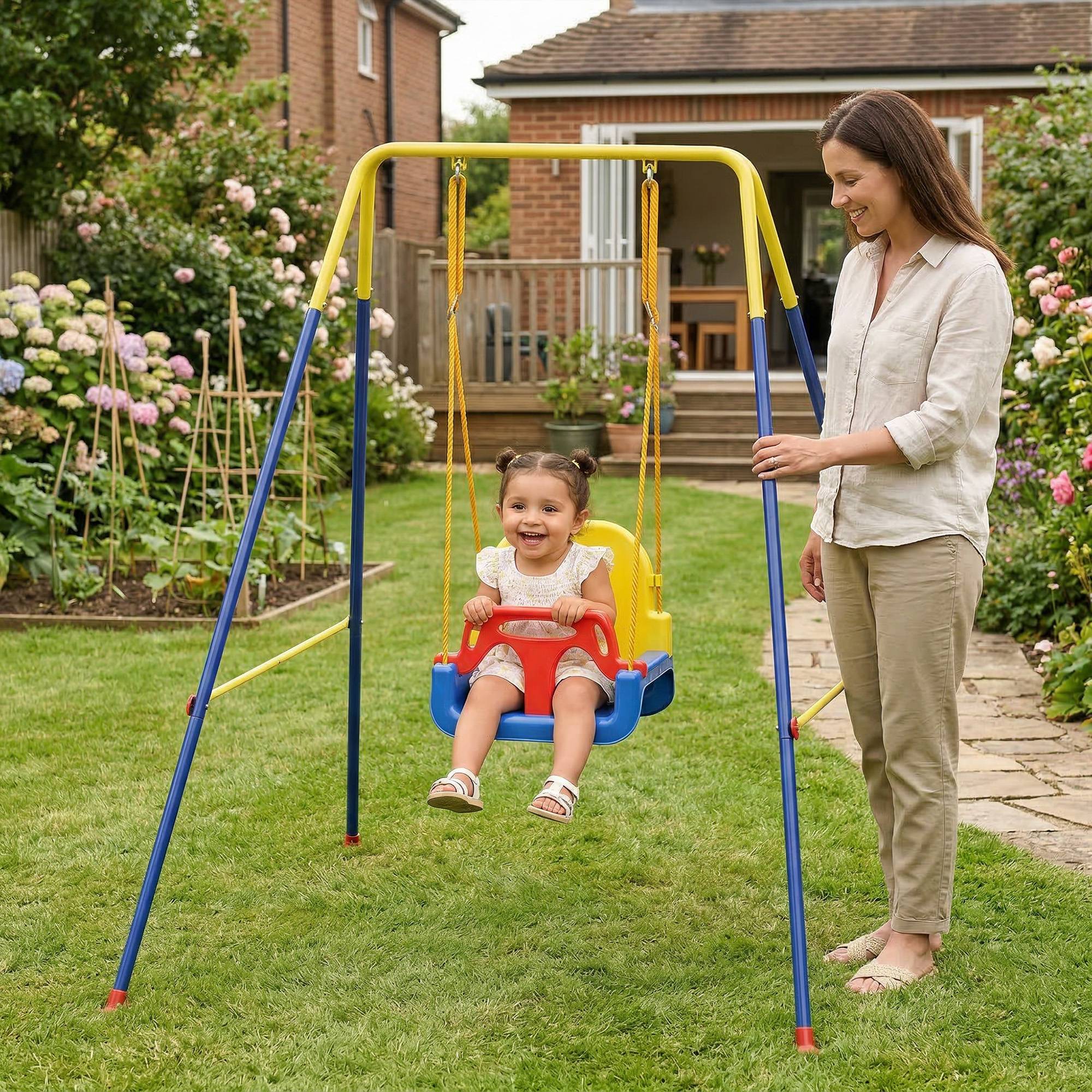 Portique Balançoire Enfants 3-en-1, Balançoire Pliable avec Siège Réglable, Intérieur et Extérieur, Multicolore - Image 3