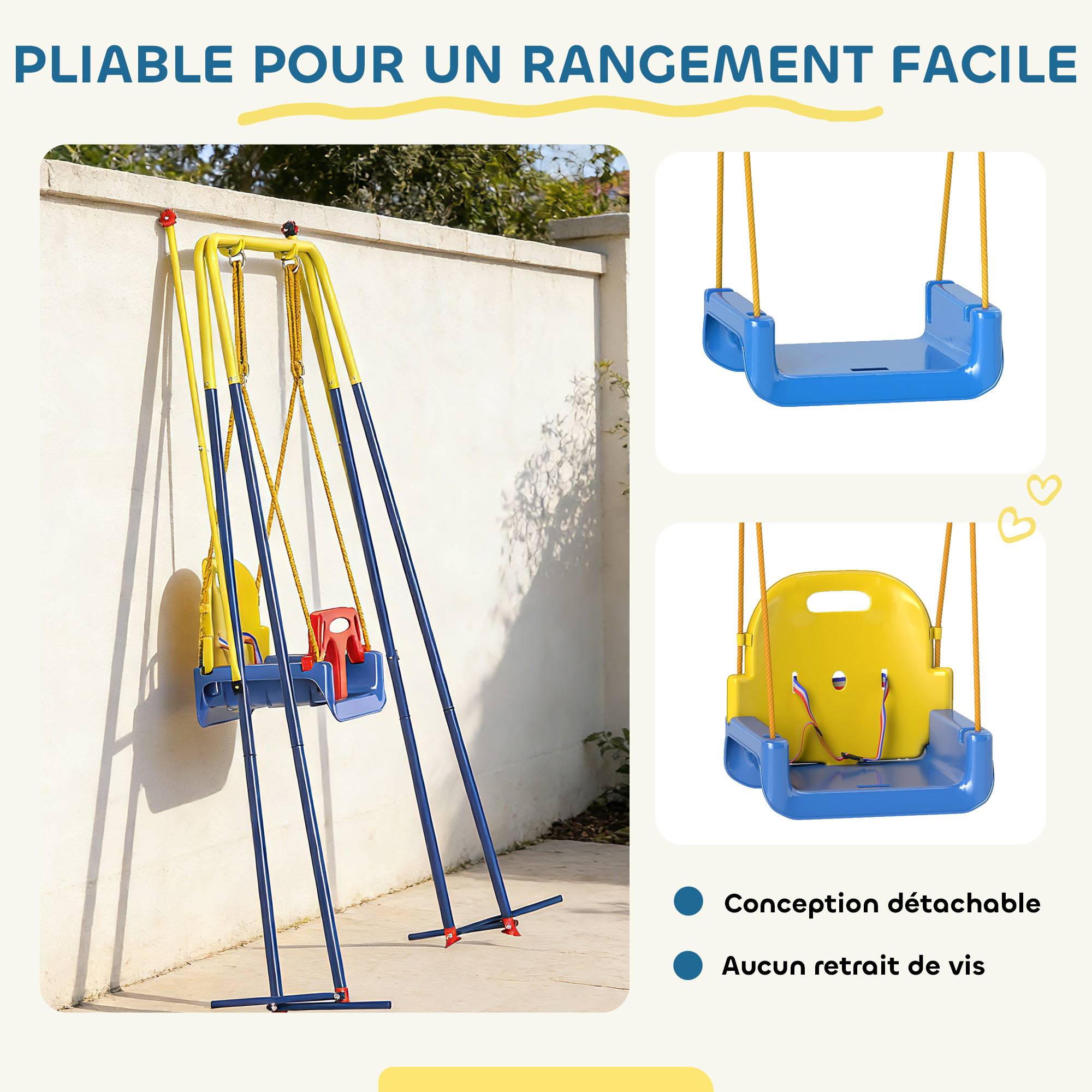 Portique Balançoire Enfants 3-en-1, Balançoire Pliable avec Siège Réglable, Intérieur et Extérieur, Multicolore - Image 10