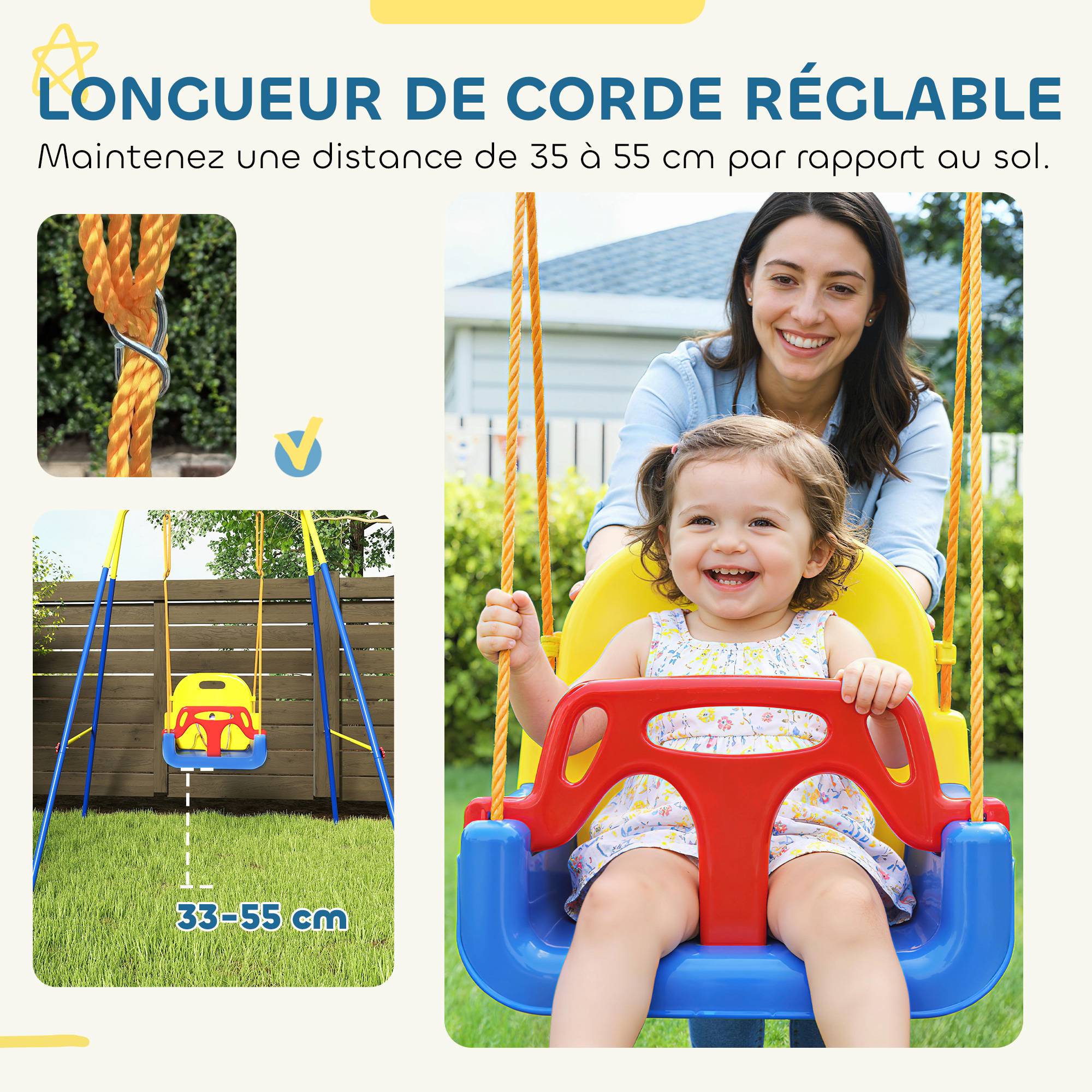 Portique Balançoire Enfants 3-en-1, Balançoire Pliable avec Siège Réglable, Intérieur et Extérieur, Multicolore - Image 7