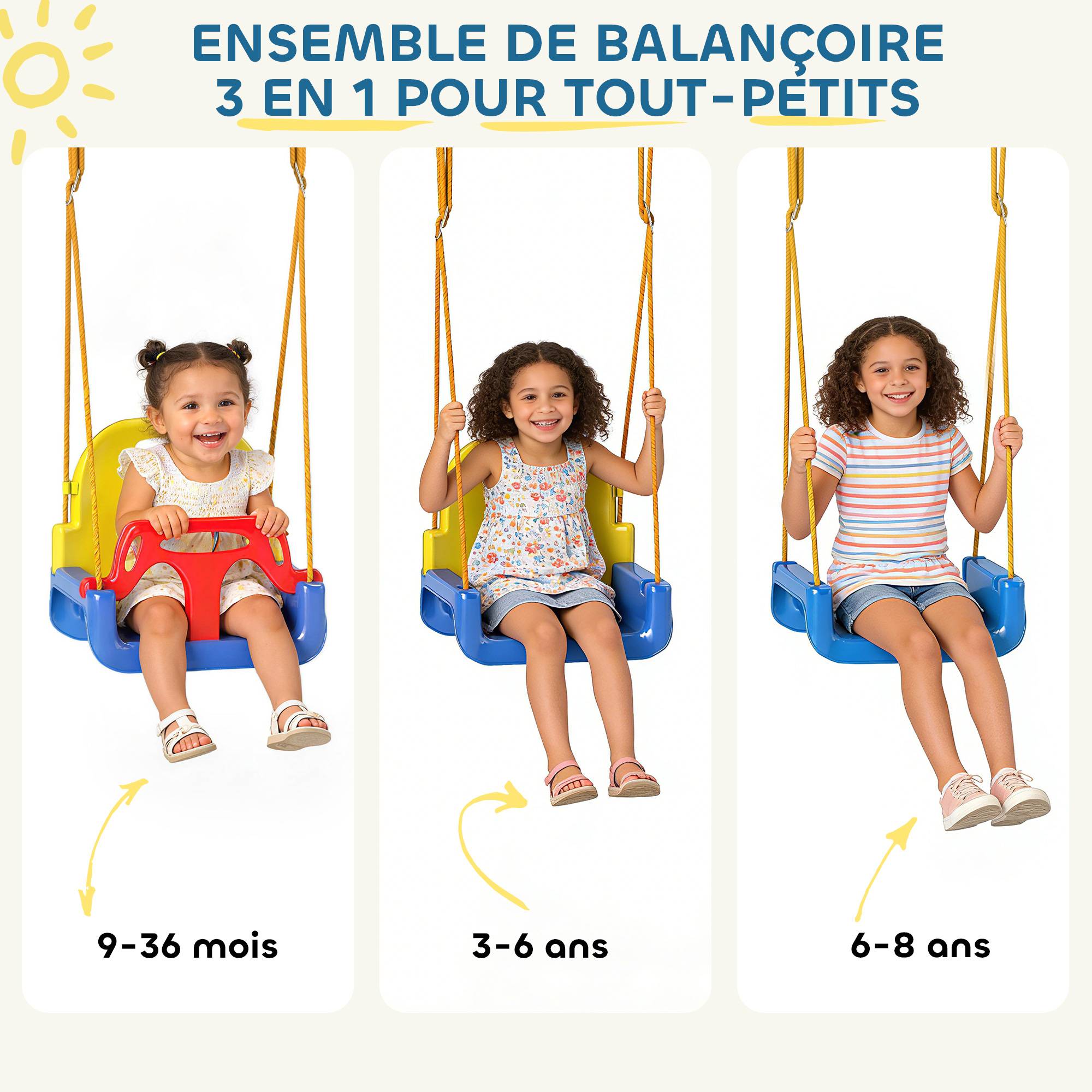 Portique Balançoire Enfants 3-en-1, Balançoire Pliable avec Siège Réglable, Intérieur et Extérieur, Multicolore - Image 6