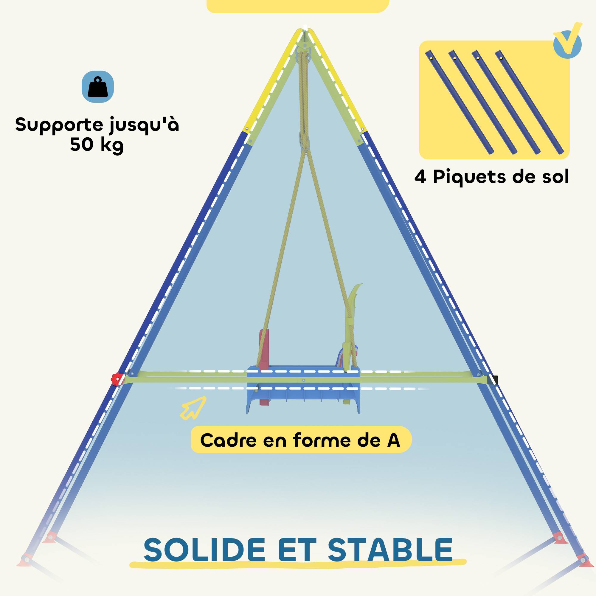 Portique Balançoire Enfants 3-en-1, Balançoire Pliable avec Siège Réglable, Intérieur et Extérieur, Multicolore - Image 8