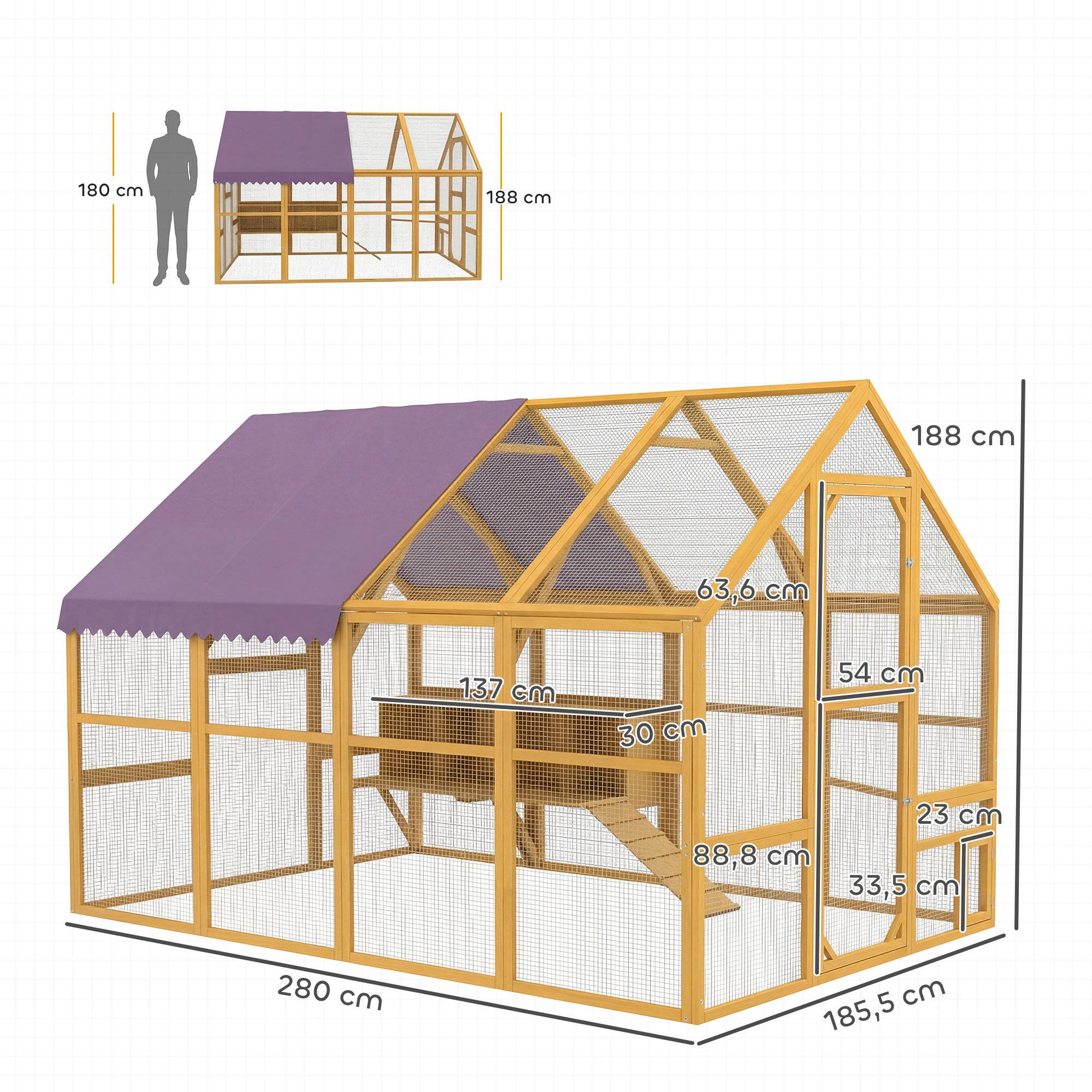 Poulailler en bois avec enclos, verrou de sécurité, porte, 4 pondoirs, pour 8 à 12 poules, dimensions approximatives : 2,8 x 1,8 x 1,9 m, jaune - Image 5