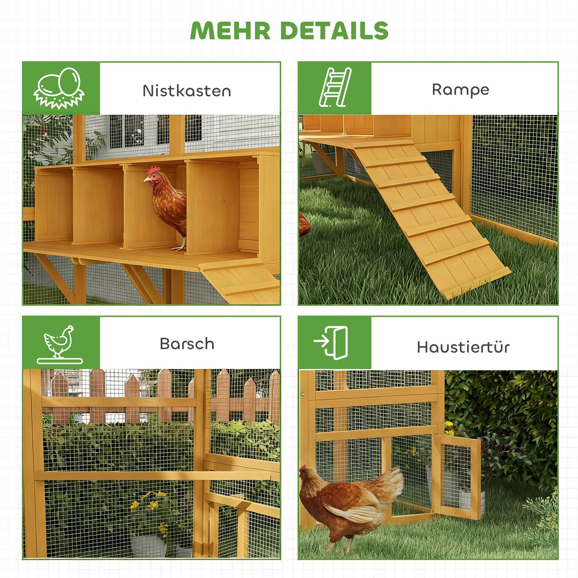 Poulailler en bois avec enclos, verrou de sécurité, porte, 4 pondoirs, pour 8 à 12 poules, dimensions approximatives : 2,8 x 1,8 x 1,9 m, jaune - Image 10