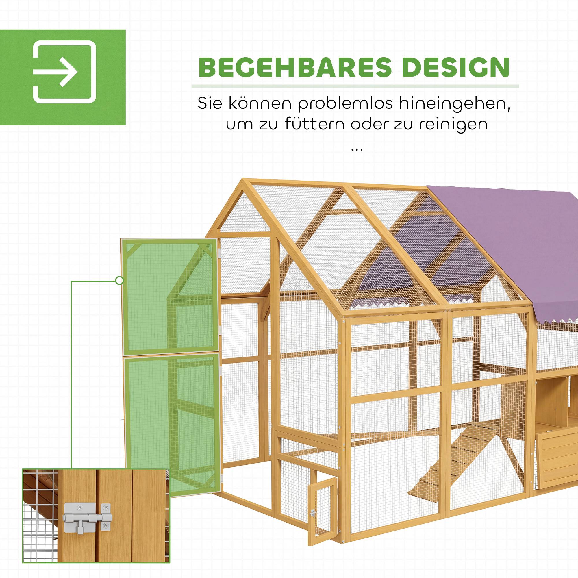 Poulailler en bois avec enclos, verrou de sécurité, porte, 4 pondoirs, pour 8 à 12 poules, dimensions approximatives : 2,8 x 1,8 x 1,9 m, jaune - Image 7