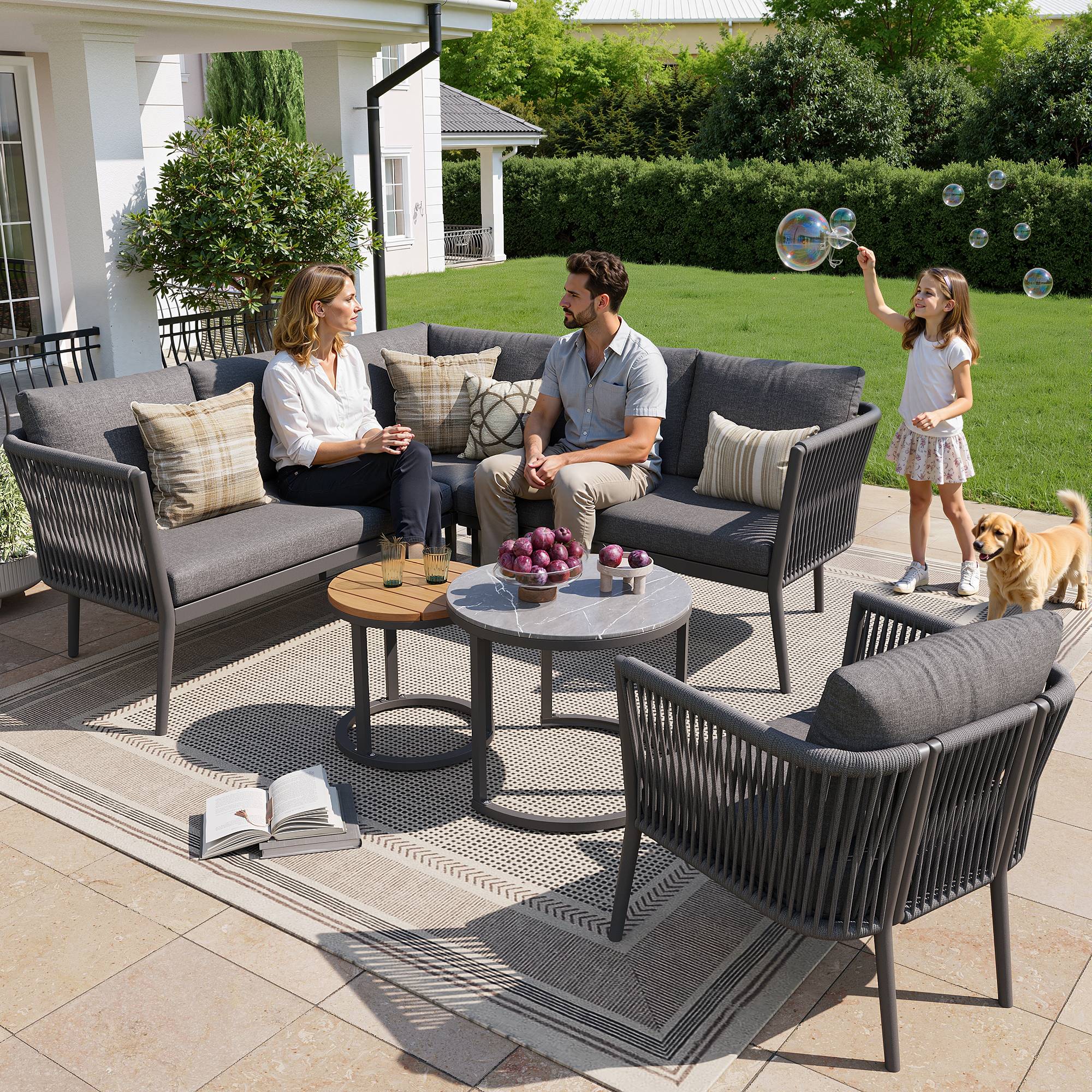Salon de Jardin avec 2 Canapés 1 Fauteuil 1 Module d'angle et 2 Tables pour terrasse Olefin Gris - Image 3